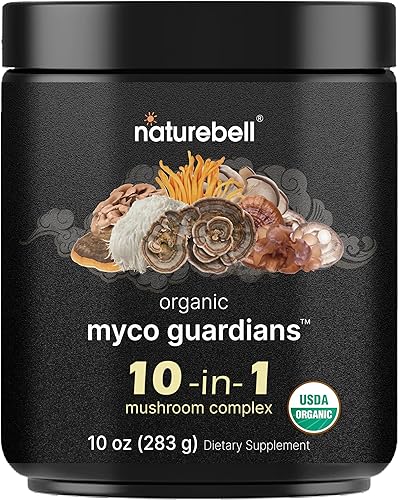 NatureBell Organic Myco Guardians - Polvo de hongos 10 en 1, 10 onzas Complejo de hongos superalimentos frescos melena de león, shiitake, 8 más
