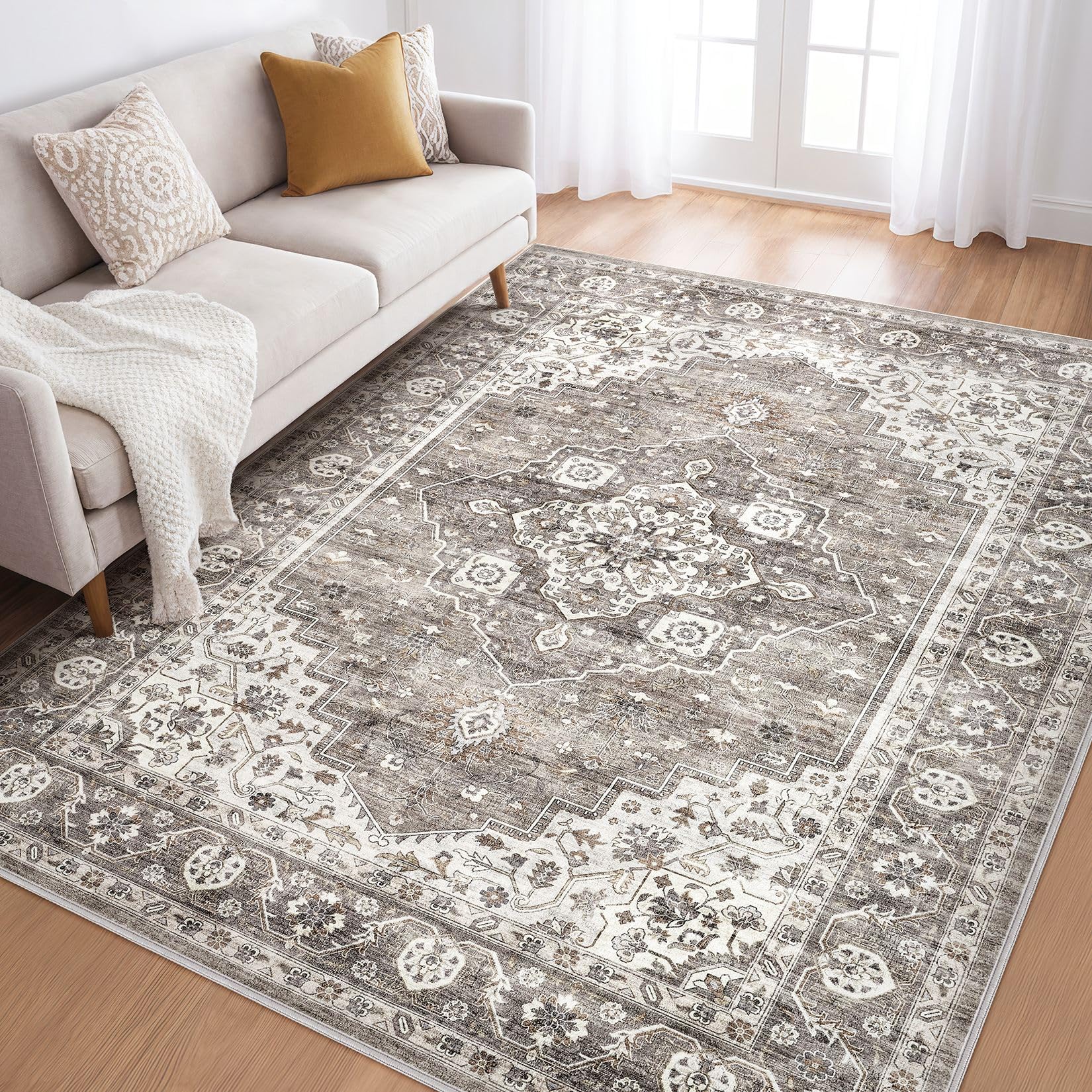 Photo 1 of [Minor Damage] 10x12 Area Rug Living Room: Washable Boho Large Neutral Vintage Soft Rugs Stain Resistant Farmhouse Non-Slip Indoor Rustic Floor Carpet for Bedroom Nursery Kids Playroom Office Dining Room- Dark Brown