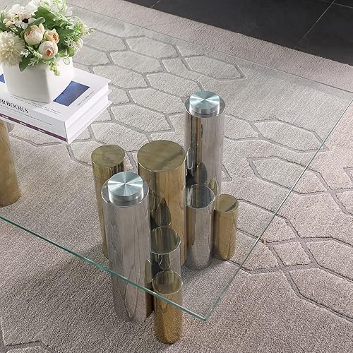 Miniatura 8 de SSLine Mesa de centro de cristal transparente con base de acero inoxidable irregular dorada y plateada, mesa de centro rectangular de lujo para sala