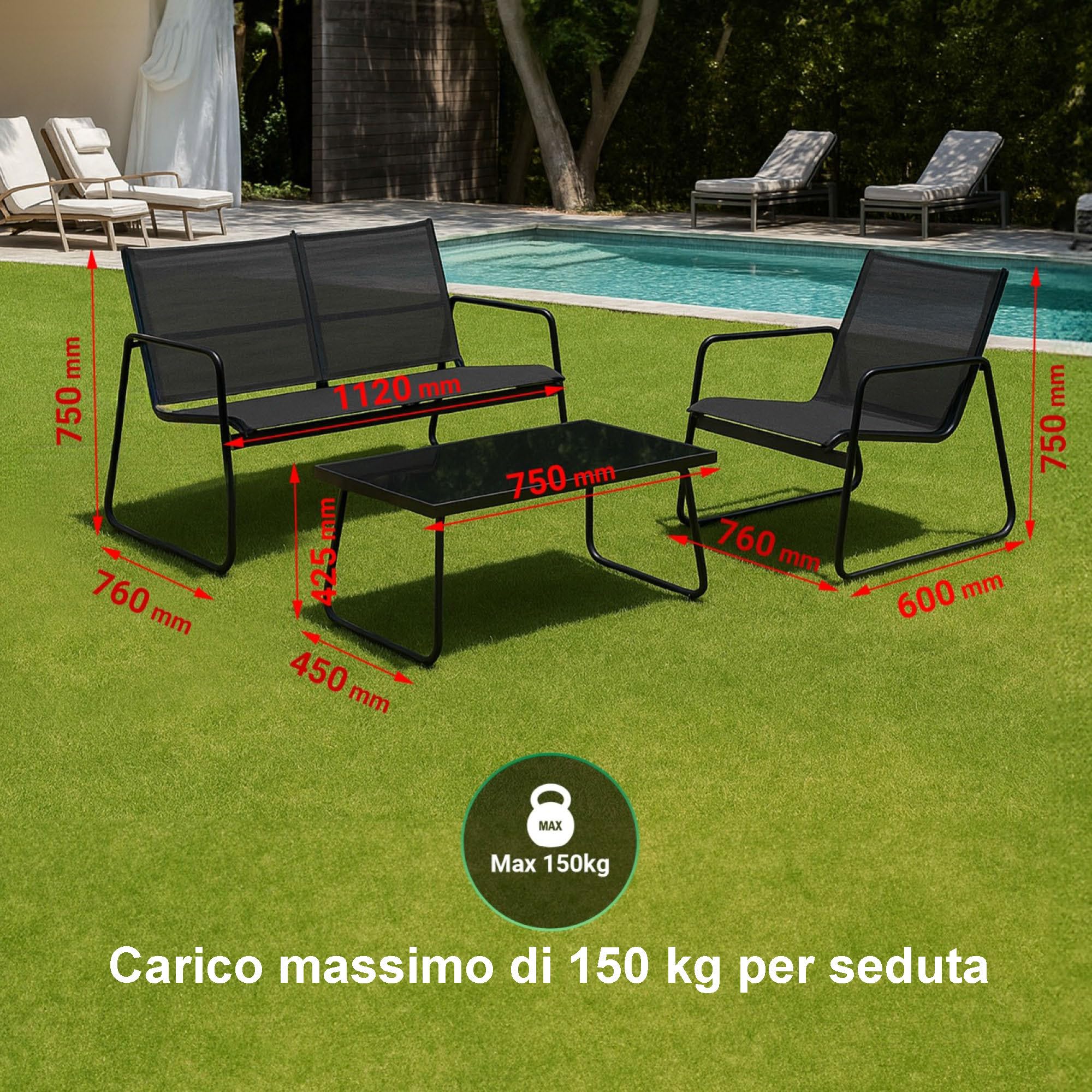 EXTRALINK Set di Mobili da Giardino – Set di mobili da balcone resistente alle intemperie, con divano a 2 posti, 2 sedie e tavolo, robusto telaio in acciaio e tessuto resistente ai raggi UV