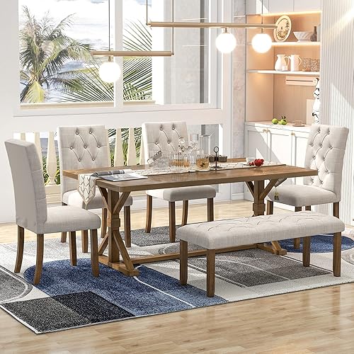 Miniatura 2 de Juego de mesa de comedor rectangular de madera de 6 piezas, mesa de comedor con 4 sillas tapizadas y banco, juego de 6 personas para cocina, comedor