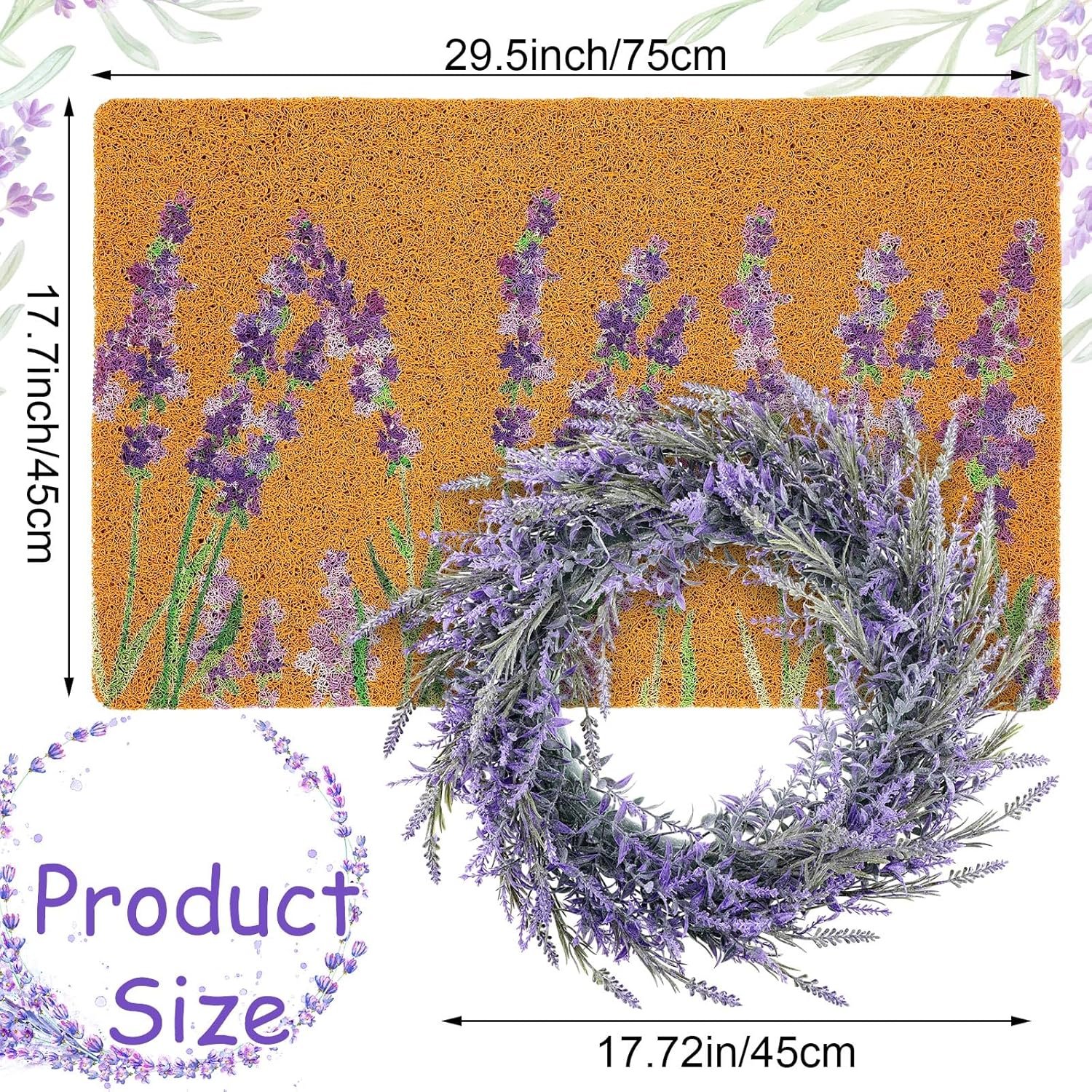 Floral Coir Doormat and Spring Wreath Set Flower Welcome Door Mat for Front Door 17.7 x 29.5 Inch Coco Coir Doormat Summer Porch Decor for Garden Garage Patio Home Entrance(Lavender)