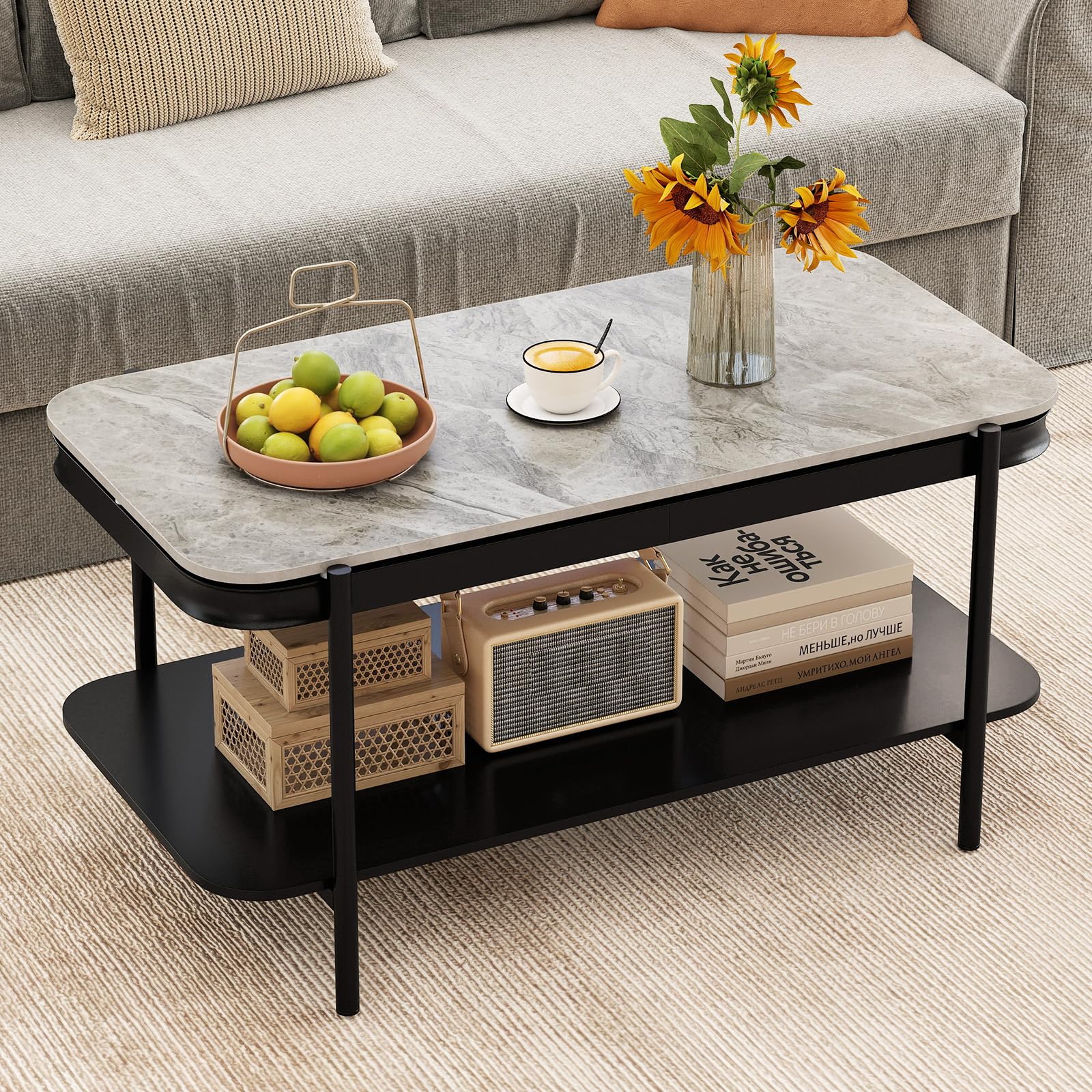 COSTWAY Couchtisch Marmor, Wohnzimmertisch mit 2 Ebenen & Metallrahmen, Sofatisch rechteckig, moderner Kaffeetisch für Wohnzimmer und Büro, 90 x 50 x 45,5 cm (Grau)