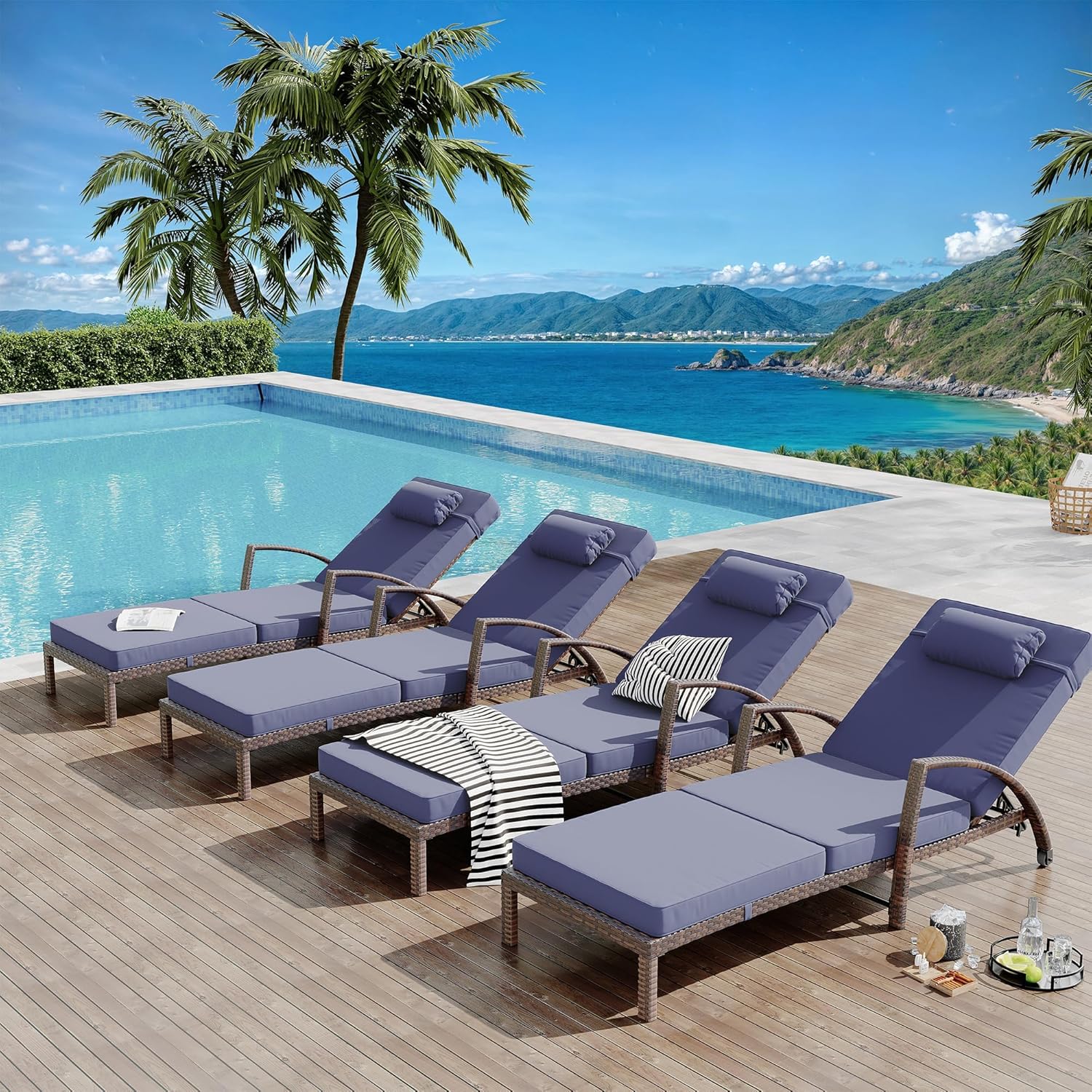 Outdoor Chaise Lounge Set of 2, 5-Position Adjustable PE Wicker Lounge Chairs with Wheels and Beige Cushions, All-Weather Patio Furniture for Poolside, Garden, Beach(Blue)