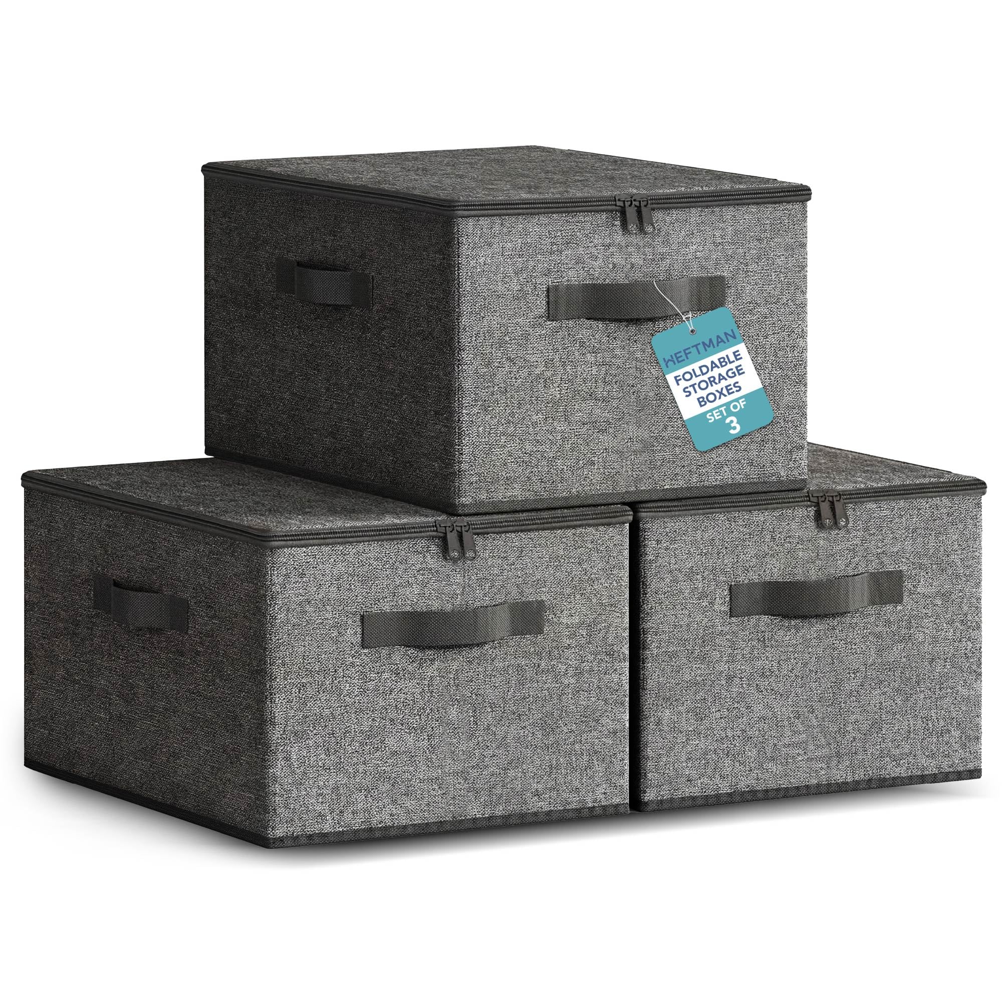 HEFTMAN Foldable Storage Boxes with Lids - Set of 3 (Dark Grey)