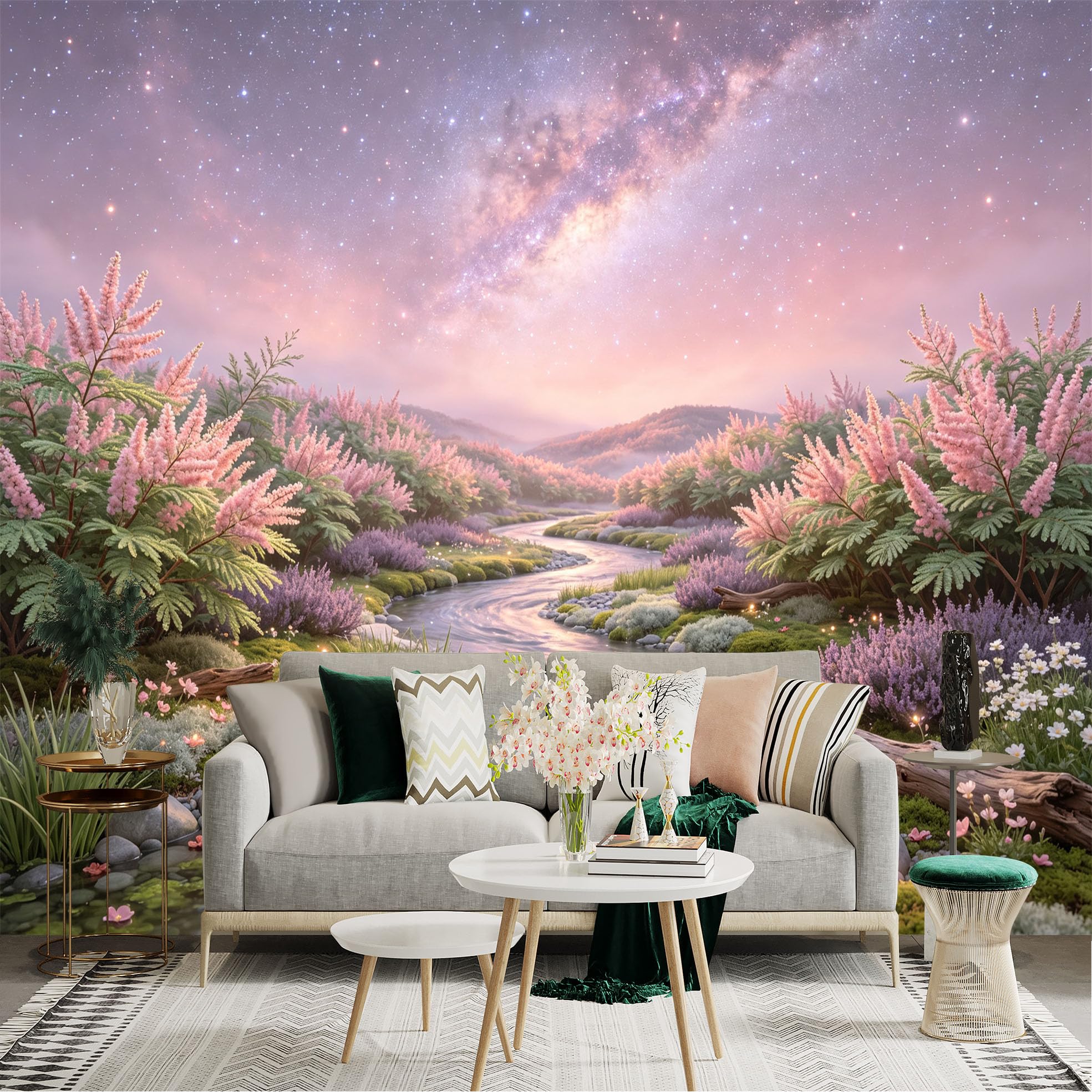 Lnzczhyre Bh260719165 Custom Size Wall Sticker Mural， Dreamy Milky Way Landscape， Sparkling River With Pink Floral Fields， For Wall Decoration， Peelandstick Wall Decals.