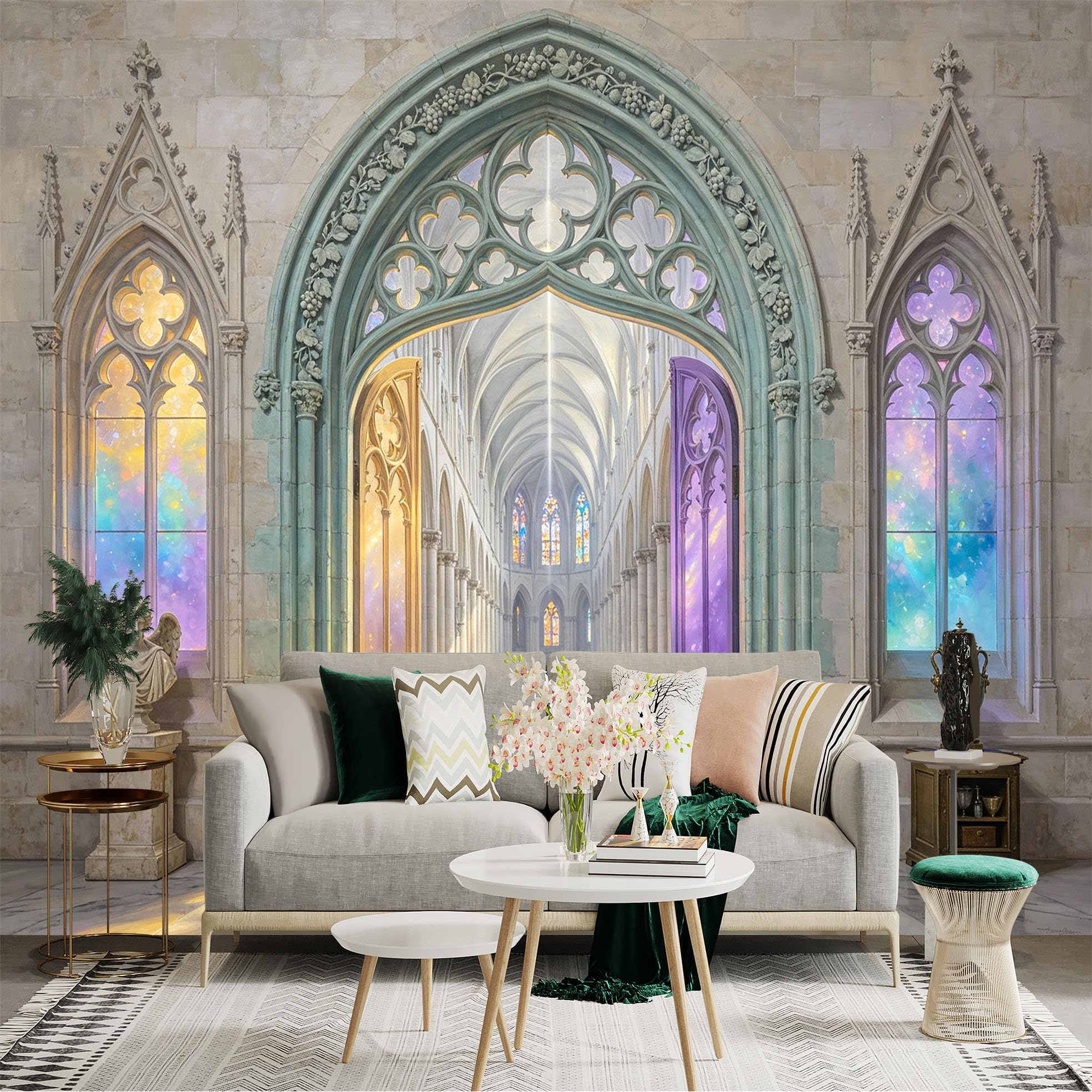 Custom Size Wall Sticker Mural， Gothic Arch Hallway， Colorful Stained Glass， Fantasy Cathedral Interior， for wall Decoration， peelandstick wall Decals.