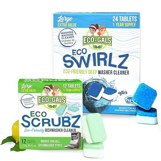 ECO-GALS Swirlz & Scrubz Washing Machine and Dishwasher Cleaner Bundle Unscented - 1 Year Supply