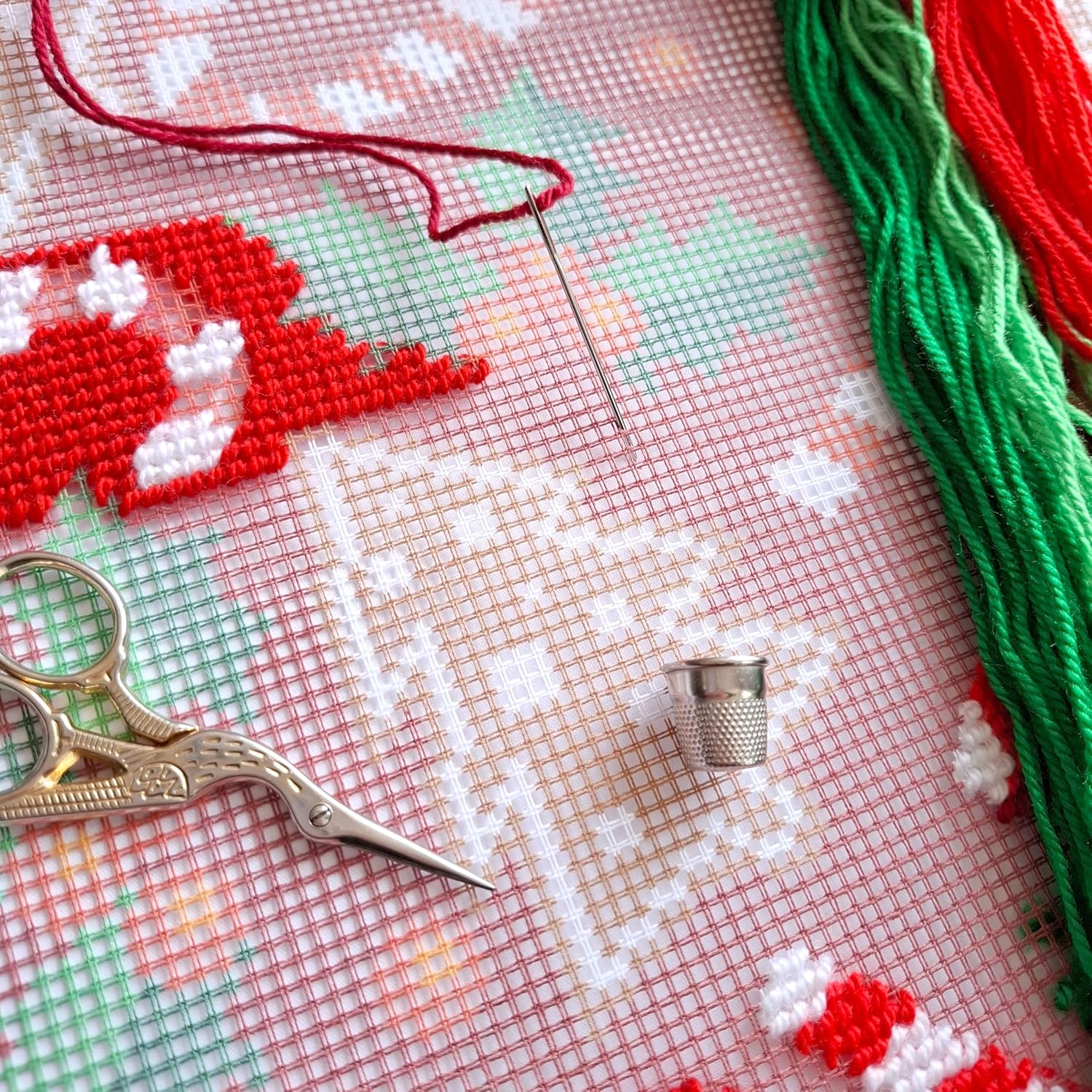 Brvsk Seasonal Stamped Cross-Stitch Kit for Adults and Beginners — Magical Christmas 16″ × 16″ with Clear, Precise Printed Design on Cotton Canvas; Includes 2 Needles, Yarn, and Easy-Read Chart