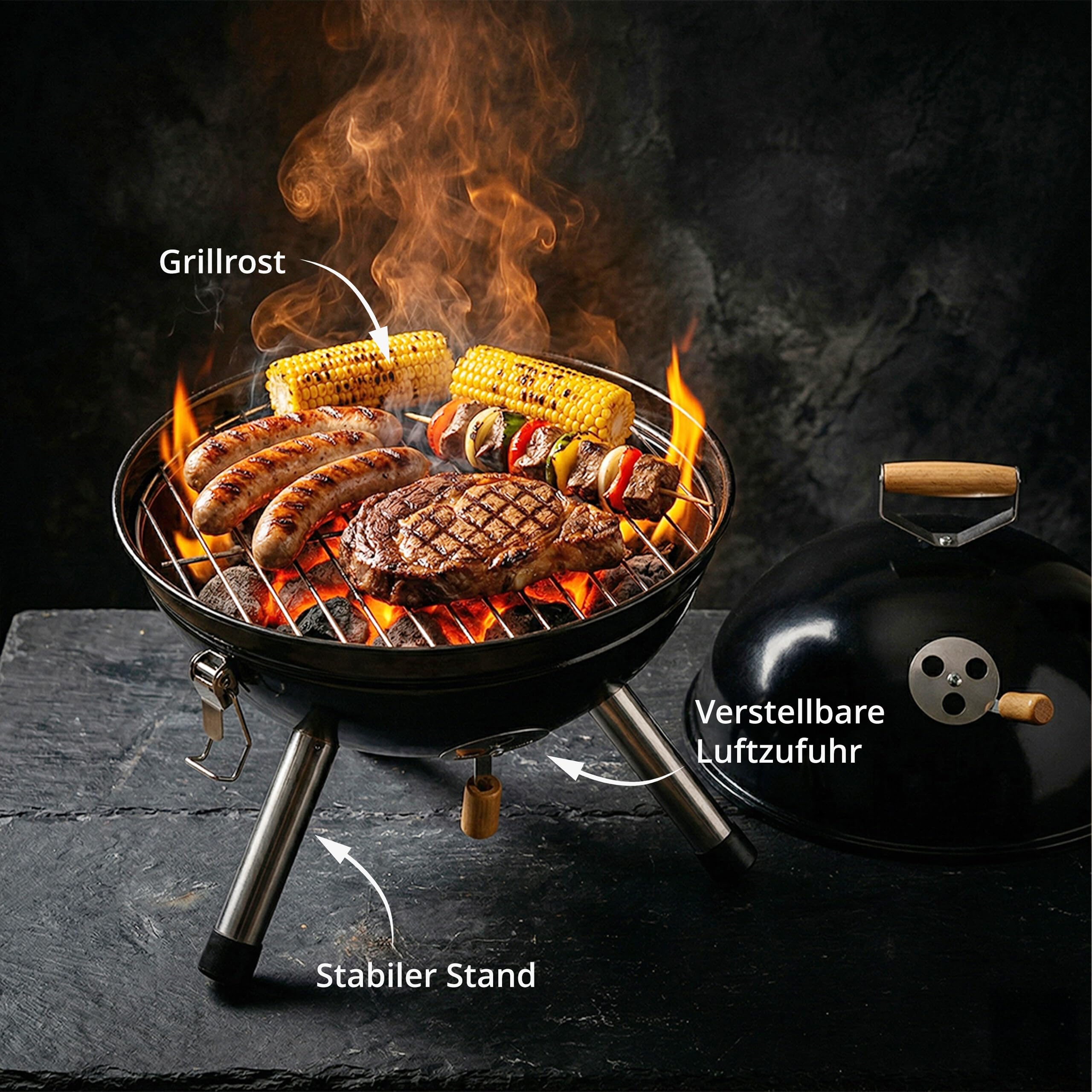 Relaxdays Mini Kugelgrill, tragbar, Ø 30 cm, Picknickgrill für Balkon & Camping, Holzkohlegrill mit Holzgriff, schwarz