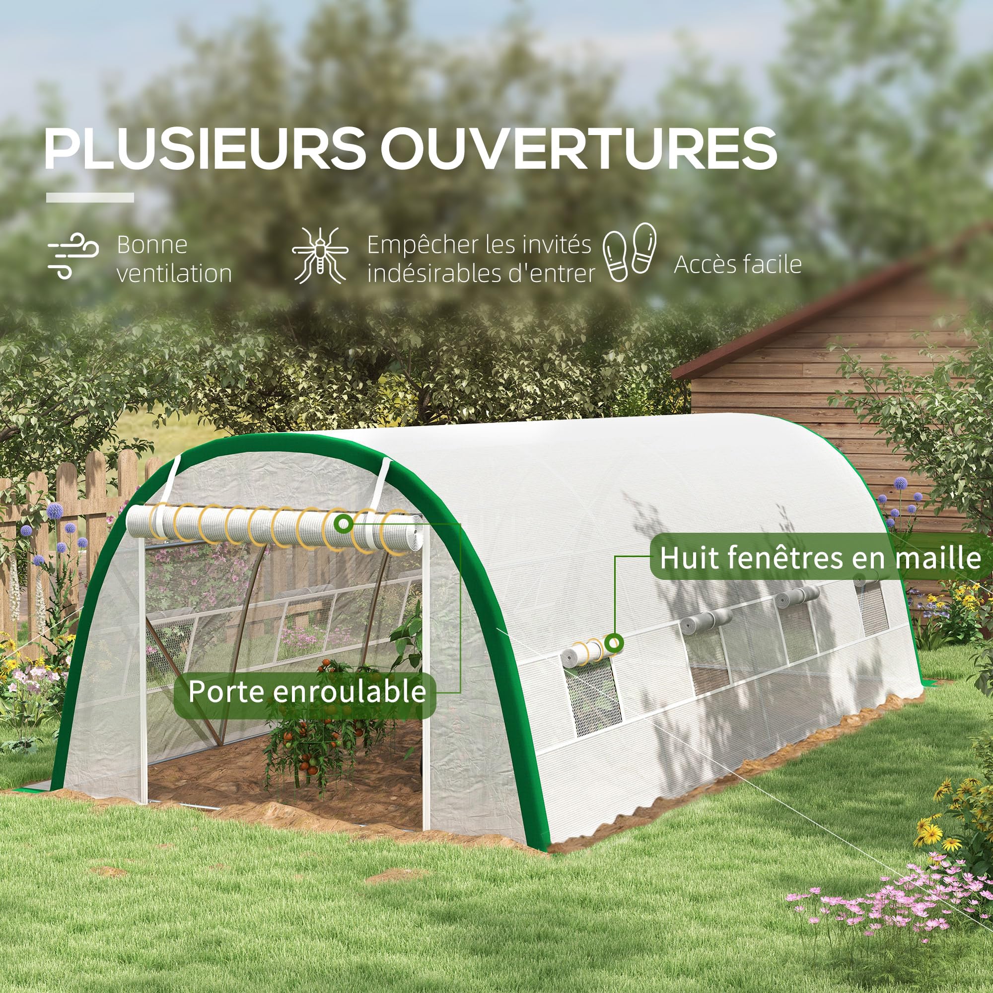 Outsunny - Invernadero de jardín (18 m²), diseño de túnel 6 x 3 x 2 m – 8 ventanas, puerta con cremallera enrollable – Estructura tubular de acero galvanizado, lona de PE de alta densidad, color