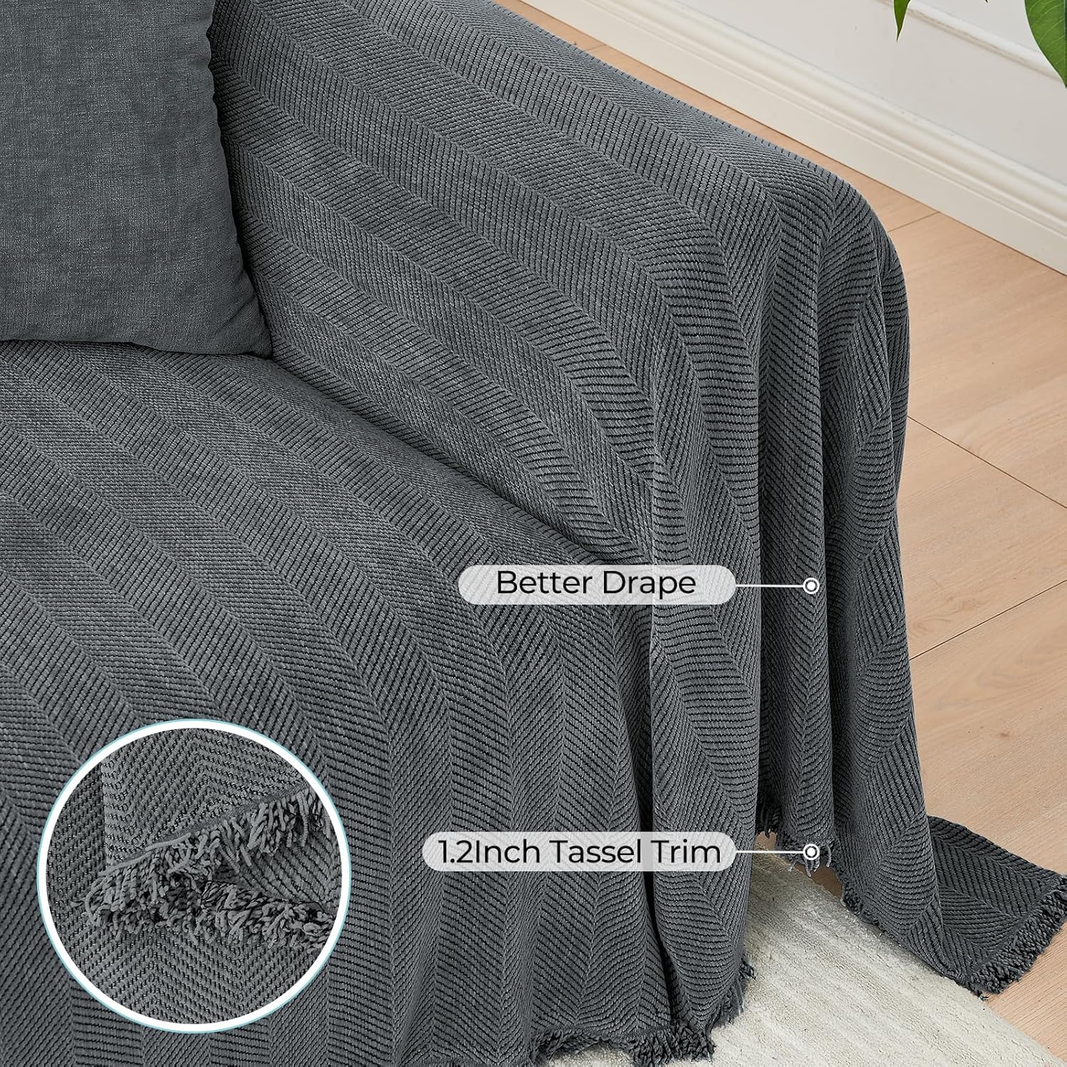 CAPALOCA Sectional Couch Covers 2 Pieces, Chenille L Shaped Couch Cover Blanket for Sectional Sofa with Herringbone Pattern Washable Sofa Slipcovers (XXX-Large: 71" x 118" + 91" x 134", Dark Gray)