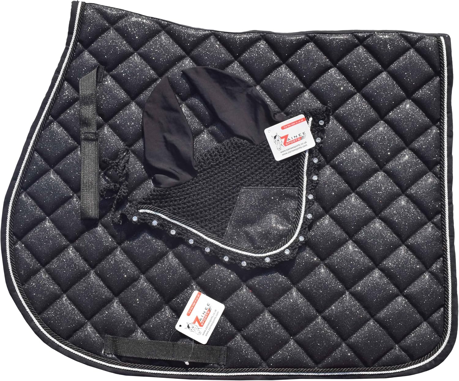 Black Glitter Saddle Pad Set Matching Ear Bonnet | Equestrian Show Gear | Horse Riding Matchy Set | Dressage or Jumping/Hunter