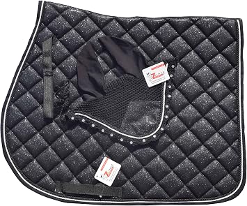 Black Glitter Saddle Pad Set Matching Ear Bonnet | Equestrian Show Gear | Horse Riding Matchy Set | Dressage or Jumping/Hunter