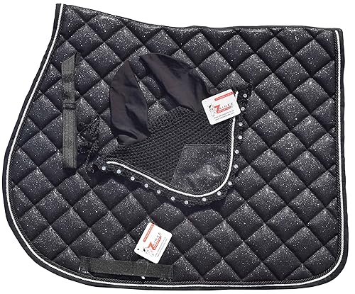 Black Glitter Saddle Pad Set Matching Ear Bonnet | Equestrian