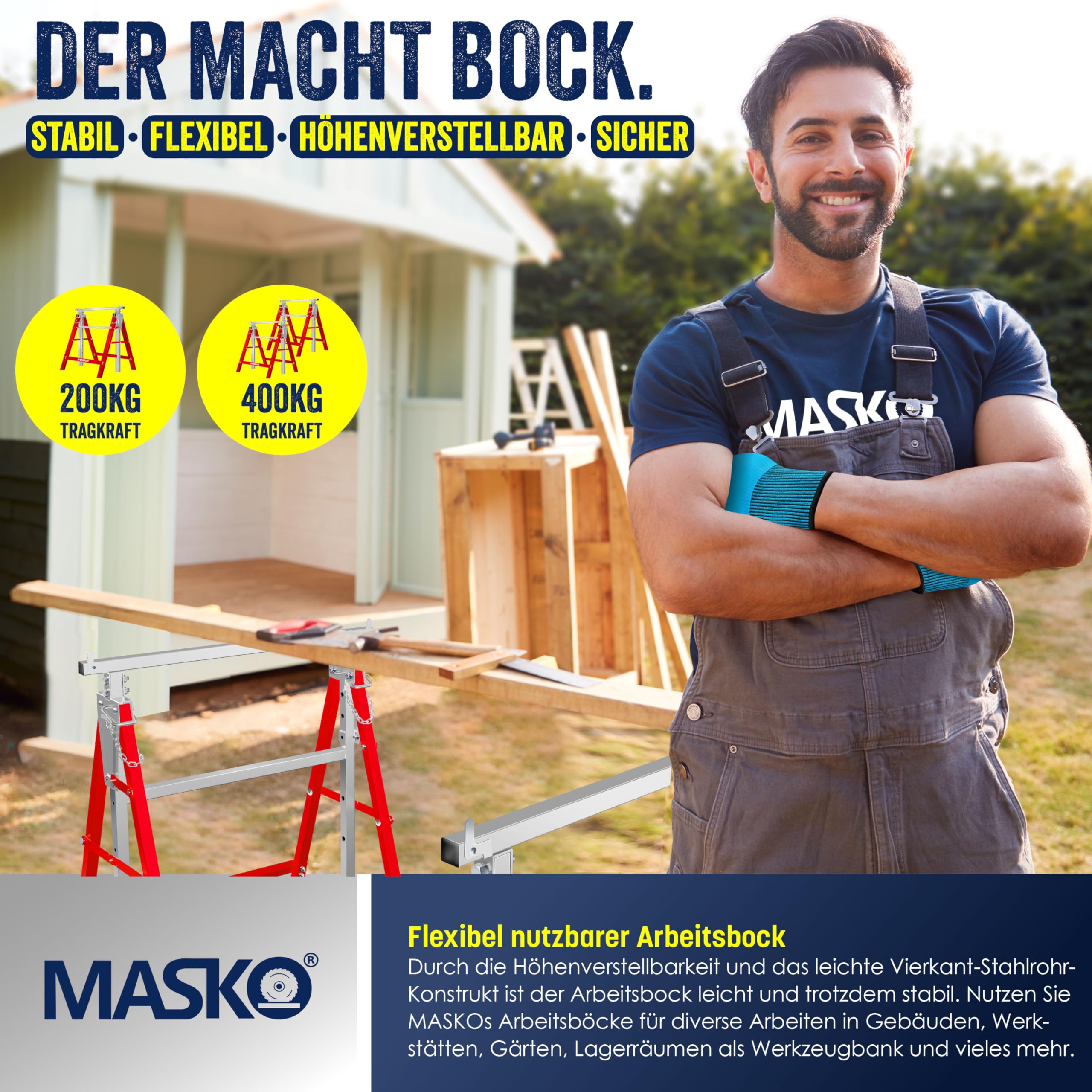 MASKO® Teleskop-Arbeitsbock Untergestell 2-er Set | Klappbock max. Belastbarkeit 200 kg | Unterstellbock höhenverstellbar Min. / max. Arbeitshöhe 800-1300 mm | Gerüstbock inkl. Handschuhe | Rot
