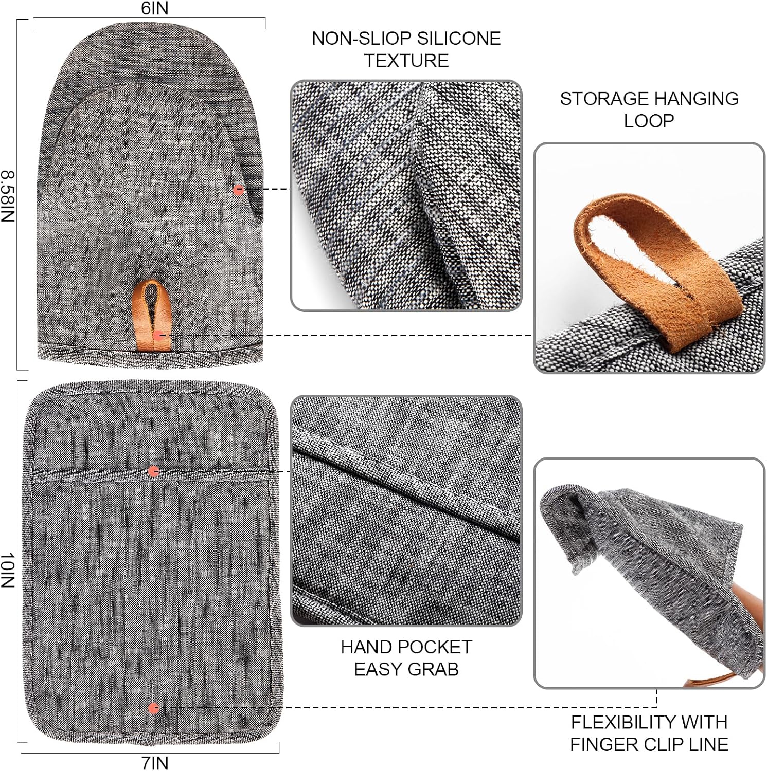 4Pcs Heat Resistant Oven Mitts & Potholders (Up to 500°F), Flexible Kitchen Accessories for BBQ, Baking, Microwave, Stovetop Use and More (Gray)