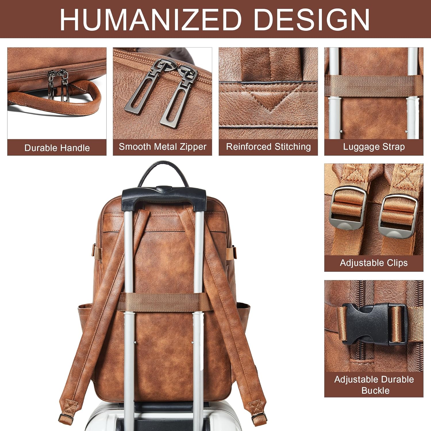 Travel Backpack for Women, Fits 17.0" Notebook, Stylish Lay-Flat Carry-on Vegan Leather Backpack with Luggage Strap for Travel and Daily Use - Image 8