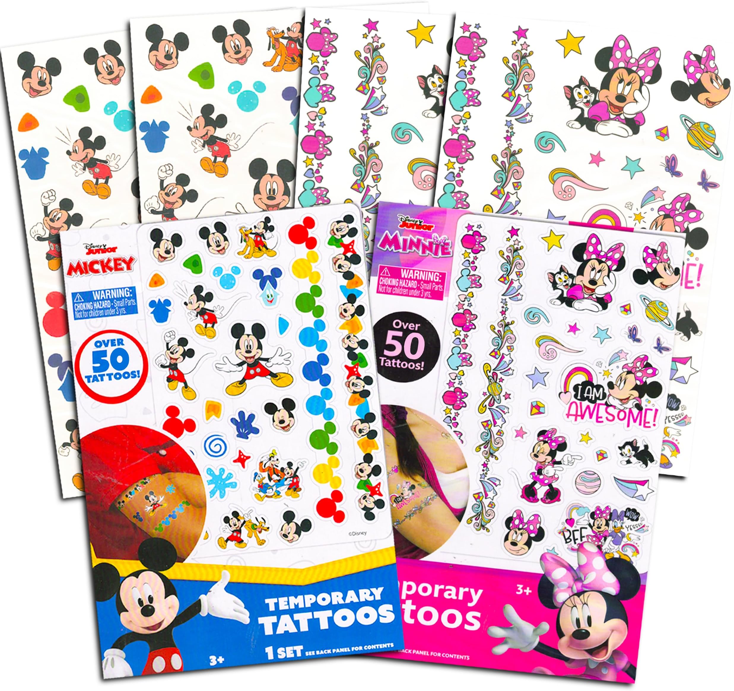 Disney Mickey Mouse and Minnie Mouse Temporary Tattoos Party Favors Pack ~ Bundle Includes 50 Disney Minnie Tattoos and 50 Mickey Mouse Tattoos for Kids Toddlers Boys Girls