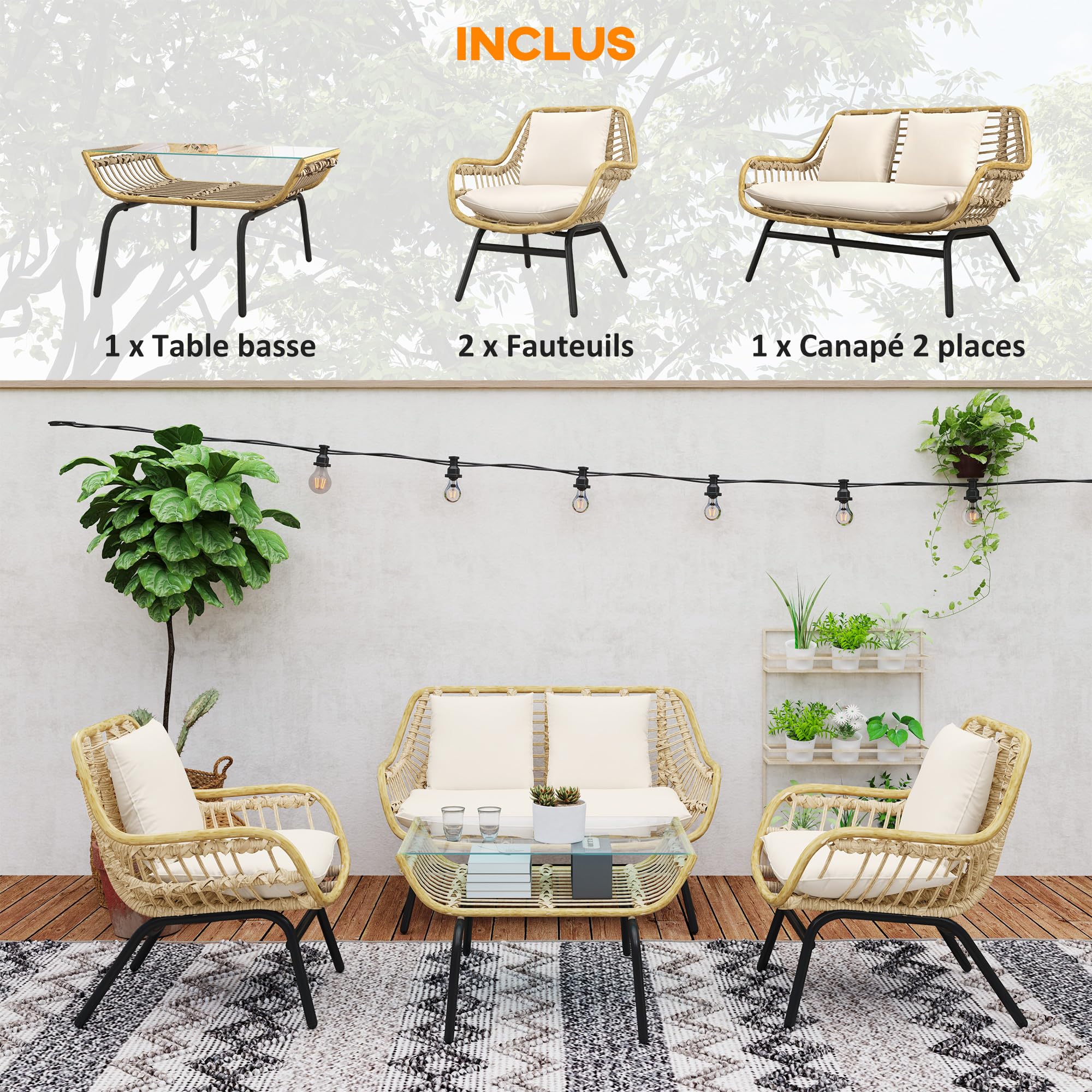 Outsunny Salon de Jardin 4 pers. 4 pièces Style Exotique métal époxy résine Imitation Coussins Grand Confort Inclus Polyester Beige