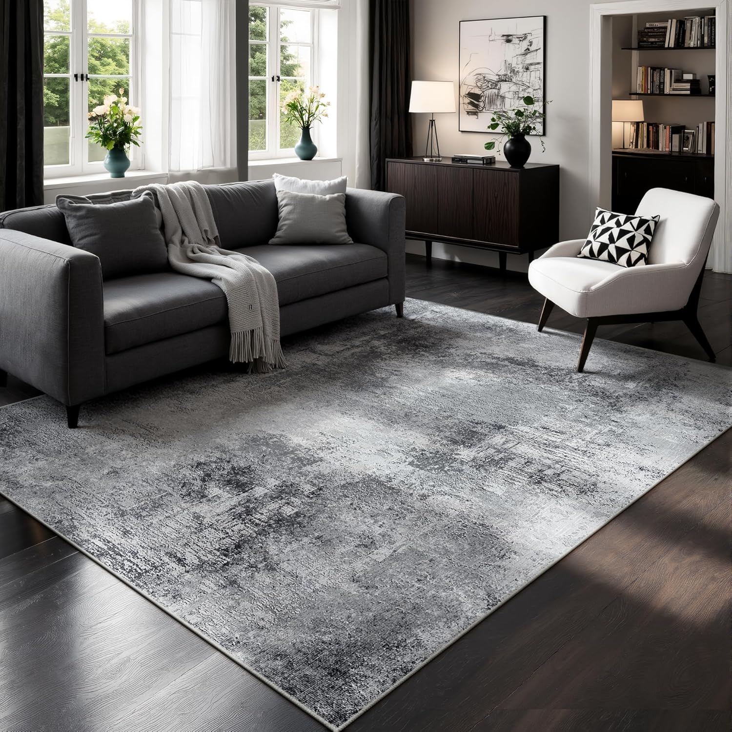 Abstract Washable Rug 5x7 Grey,Modern Low Pile Carpet for Living Room, Bedroom, Dining Room, Playroom,Soft Non-Slip Neutral Indoor Area Rug,Thin Tapis Salon