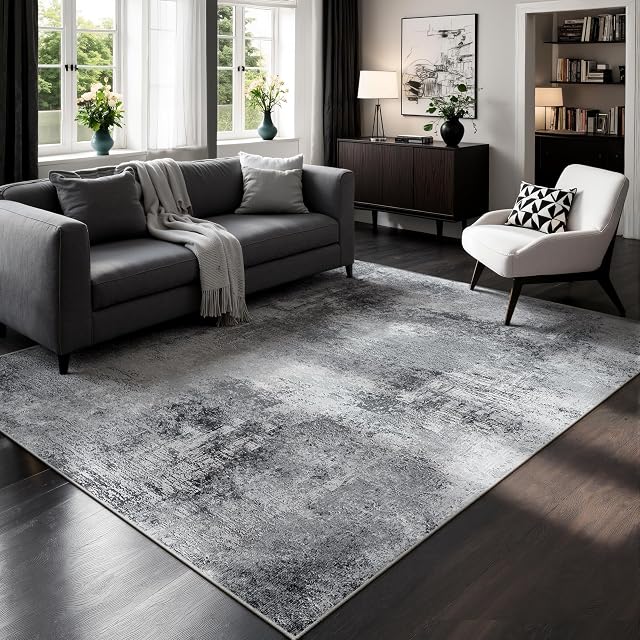 Abstract Washable Rug 5x7 Grey,Modern Low Pile Carpet for Living Room, Bedroom, Dining Room, Playroom,Soft Non-Slip Neutral Indoor Area Rug,Thin Tapis Salon