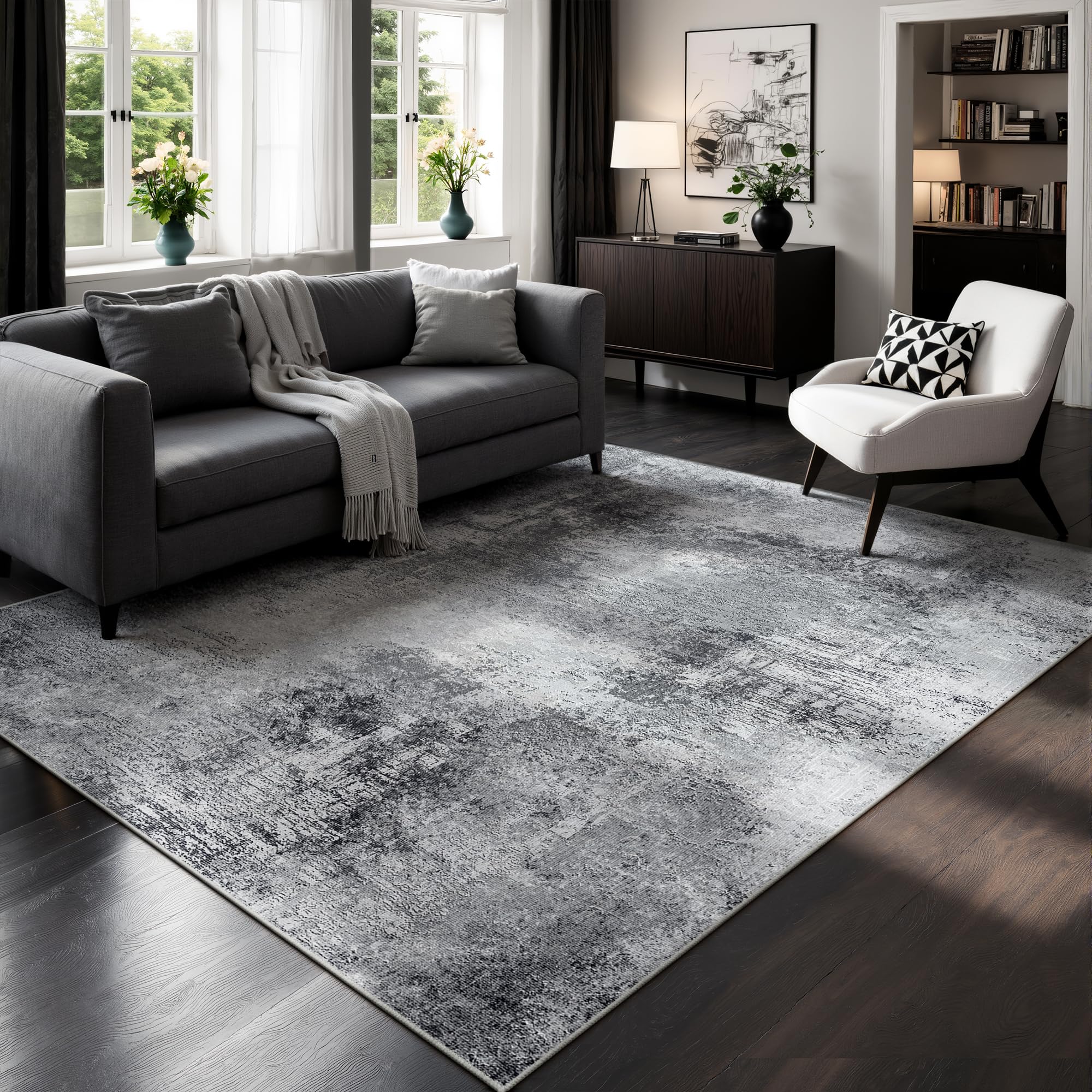 Abstract Washable Rug 5x7 Grey,Modern Low Pile Carpet for Living Room, Bedroom, Dining Room, Playroom,Soft Non-Slip Neutral Indoor Area Rug,Thin Tapis Salon