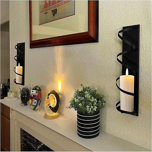 Miniatura 4 de Lily's Home Juego de 2 candelabros de pared en espiral de metal. Elegante decoración de pared negra para sala de estar, dormitorio, cocina y granja,