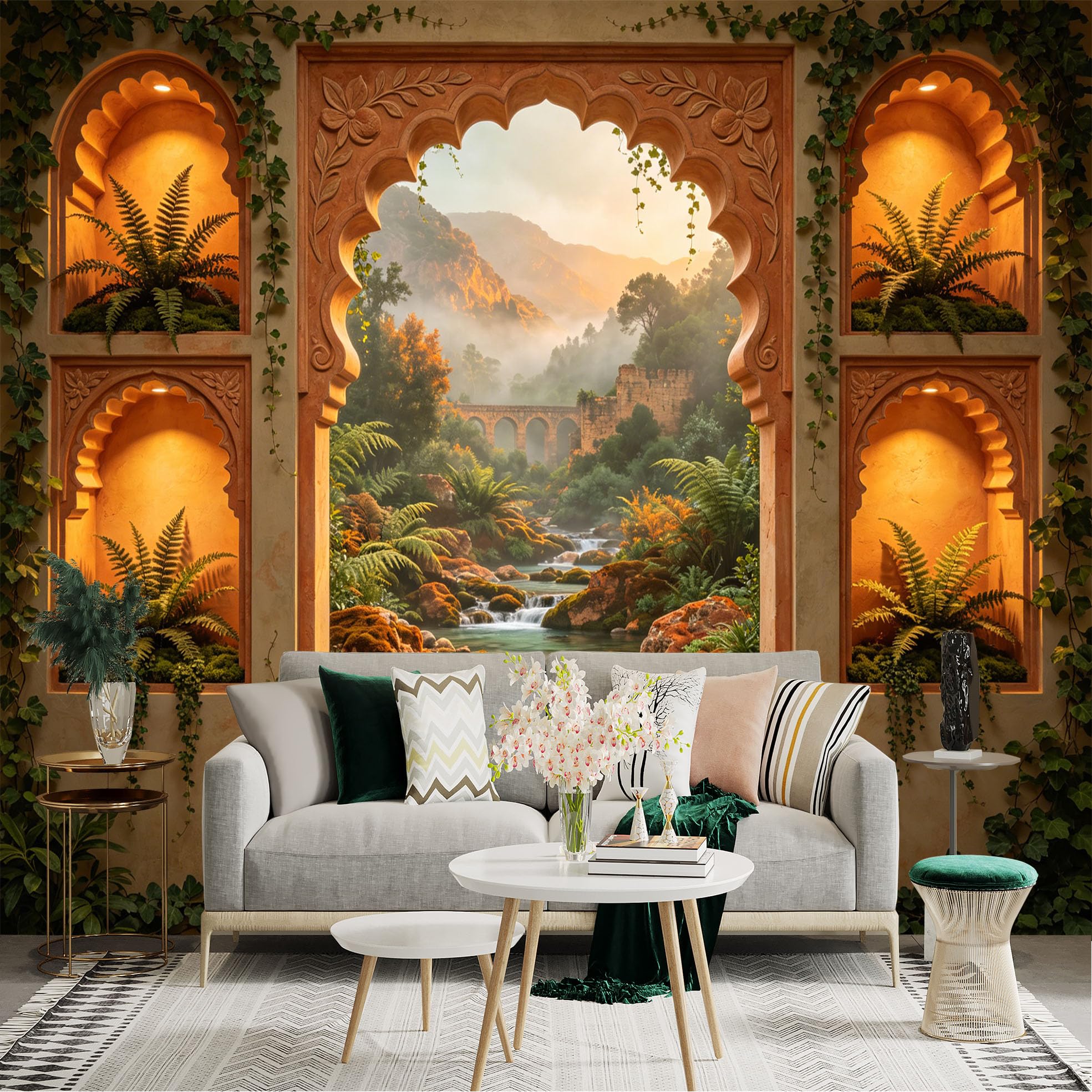 Lnzczhyre Dbh260521478 Custom Size Wall Sticker Mural， Scenic Mediterranean Stone Archway， Lush River Landscape， Ancient Bridge View， Tropical Botanical Niche， For Wall Decoration， Peelandstick Wall Decals.