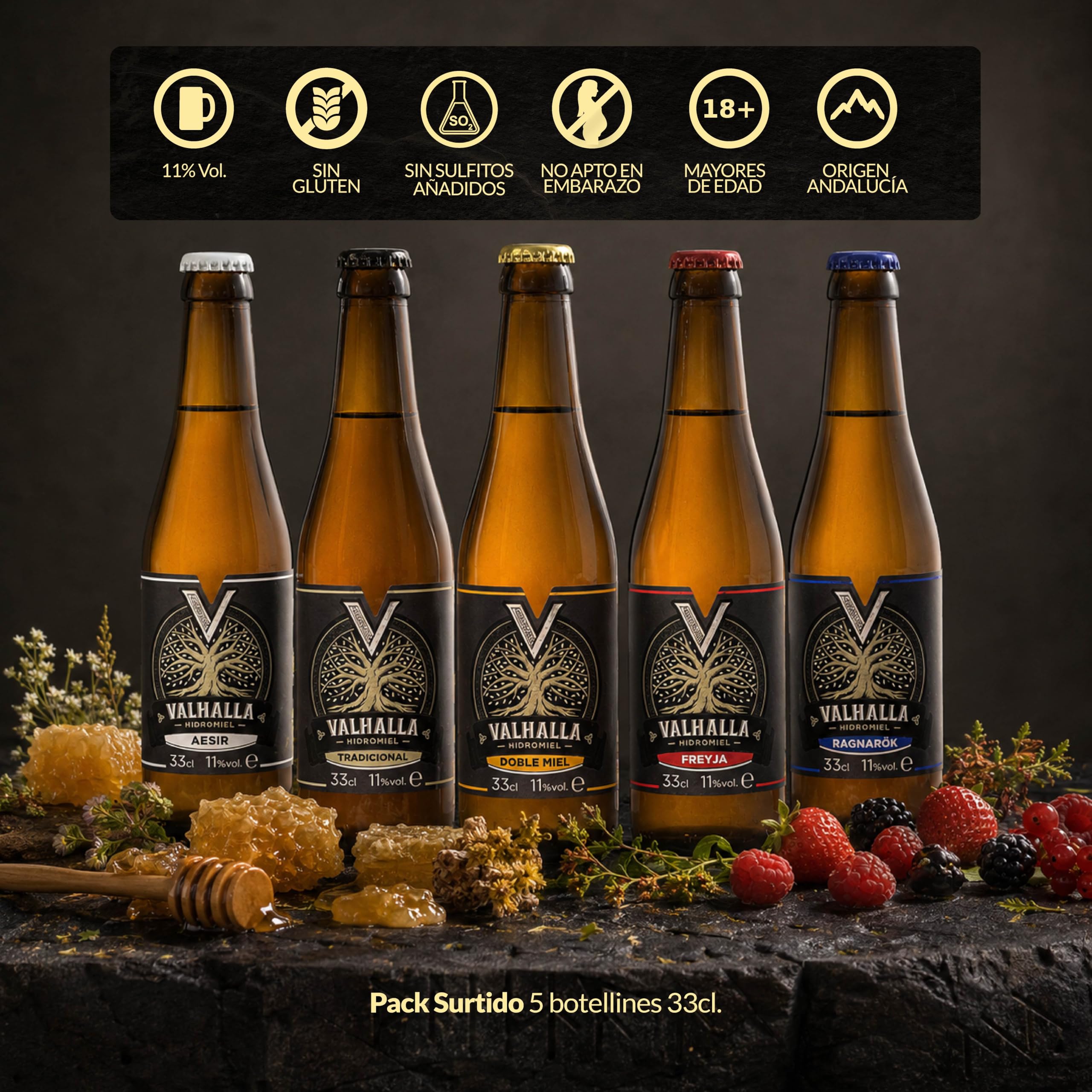 Valhalla Hidromiel Pack Degustación | Surtido 5 Variedades Estilo Cerveza Vikinga Sin Gluten ni Sulfitos | Miel de Flores con Sabores Artesanales | Selección Premium | 12 Botellines de 33cl