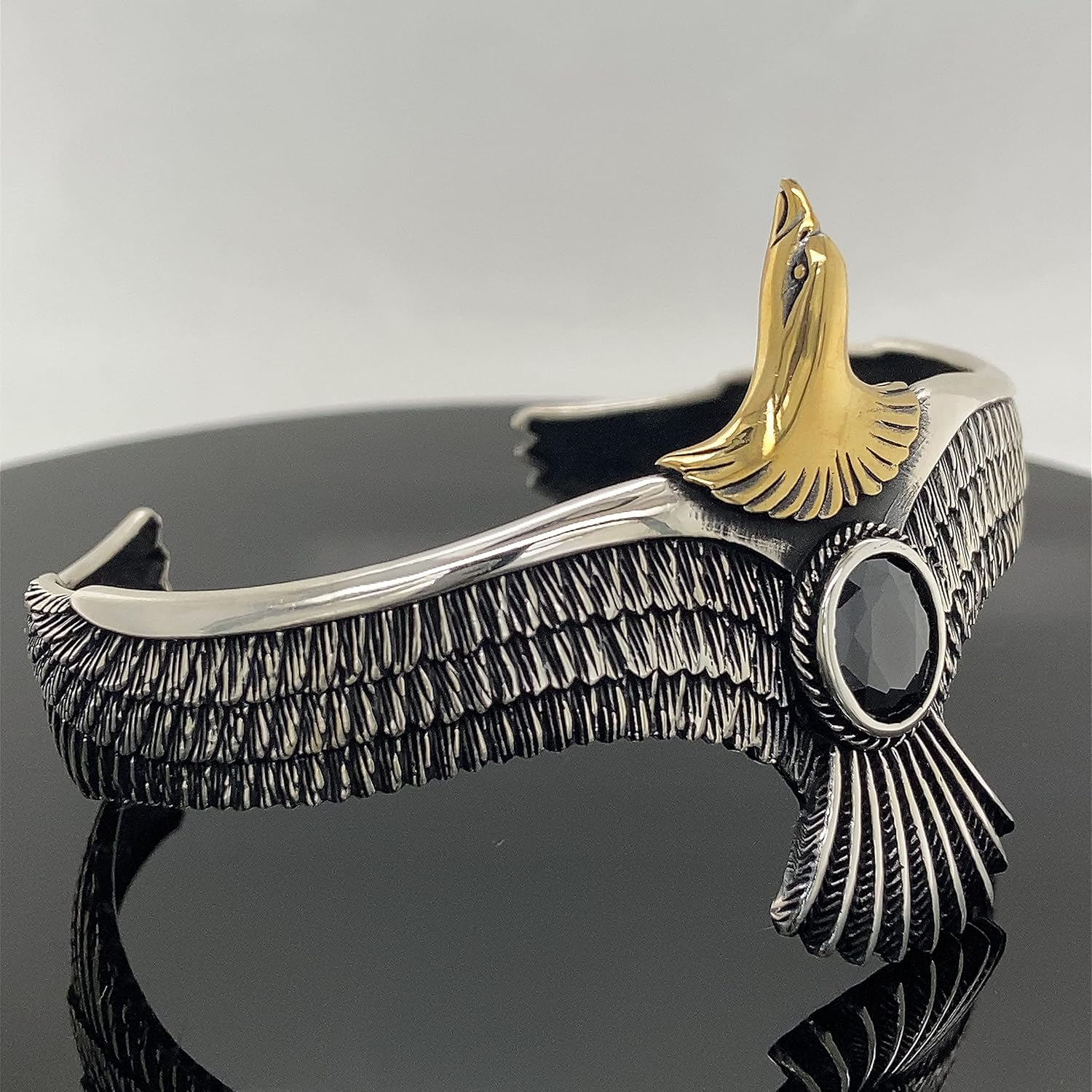 Silver Eagle Bracelet, Eagle Cuff Bracelet, Black Stone Eagle Bracelet, Silver Adjustable Bracelet, 925k Sterling Silver Bracelet