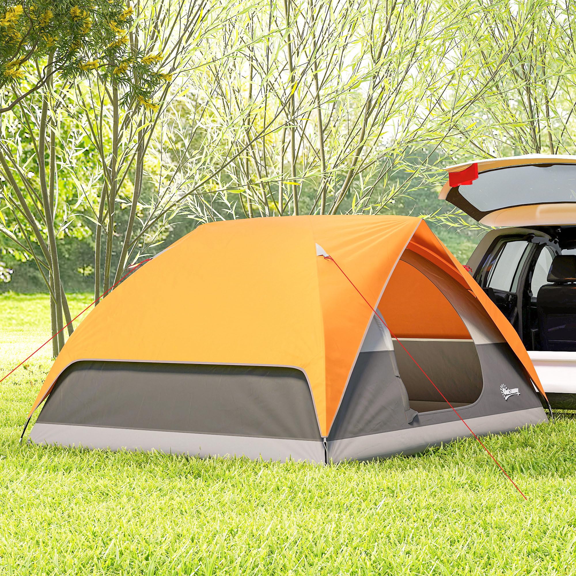 Outsunny Tenda da Campeggio Famigliare per 3 Persone, Tenda da Trekking a Cupola Impermeabile 3000mm con Porta di Ricarica, Tasche, Gancio per Lanterna e Borsa di Trasporto, Arancione e Grigio