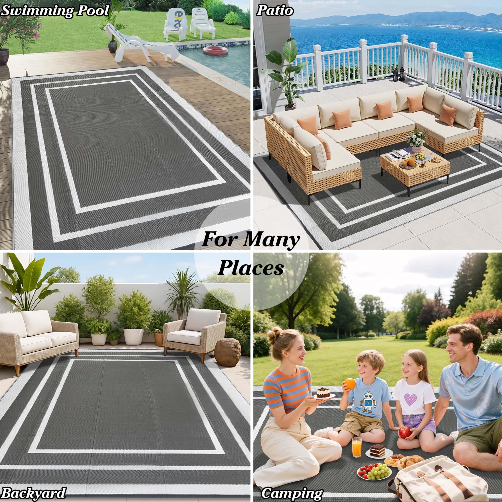Outdoor Rugs for Patios Grey 150x245cm Waterproof Plastic Picnic Blanket Reversible Garden Rugs Outdoor UV Resistant Lightweight Camping Mat for Beach Balcony Deck Backyard RV BBQ — view 7