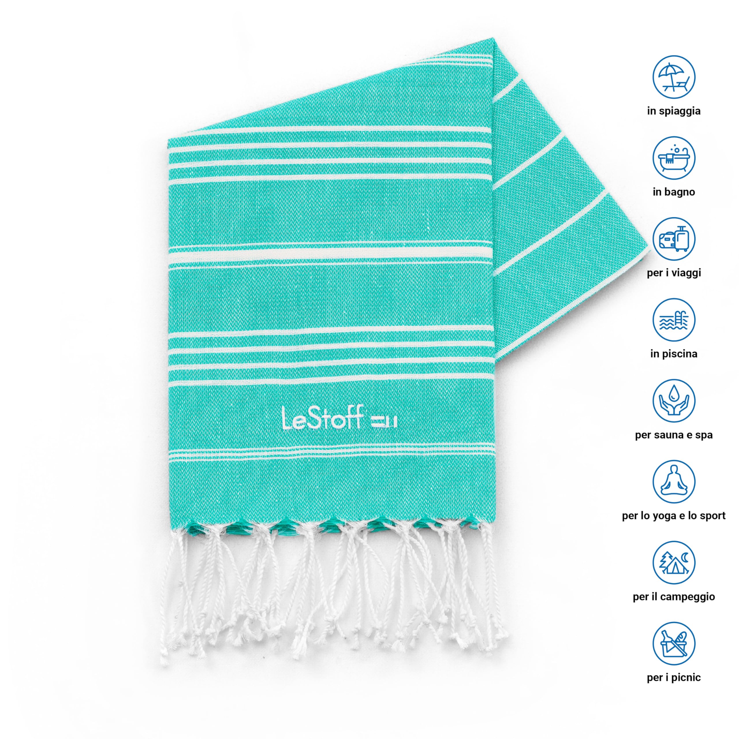 LeStoff Telo mare - 100% Cotone bio, 50 x 100 cm, Prelavato, Assorbente, Asciugatura Rapida, Leggero, Fouta, Telo Ospite, Telo Doccia, Telo Yoga, Telo Benessere, Asciugamano Sportivo (Turquoise)