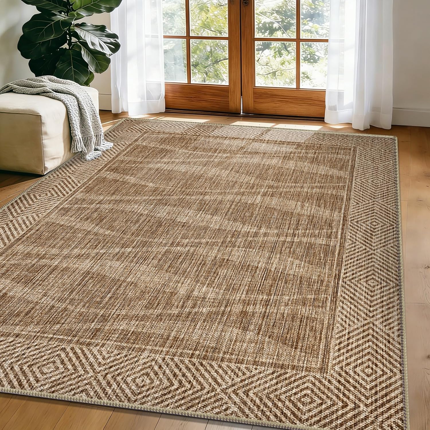 Jute Rug 5x7 Outdoor Patio Rug with Border, Washable Rugs for Living Room, Farmhouse Non Slip Area Rugs with Rubber Backing Indoor Outdoor, Non Shedding Carpet for Bedroom, Courtyard, Light Brown