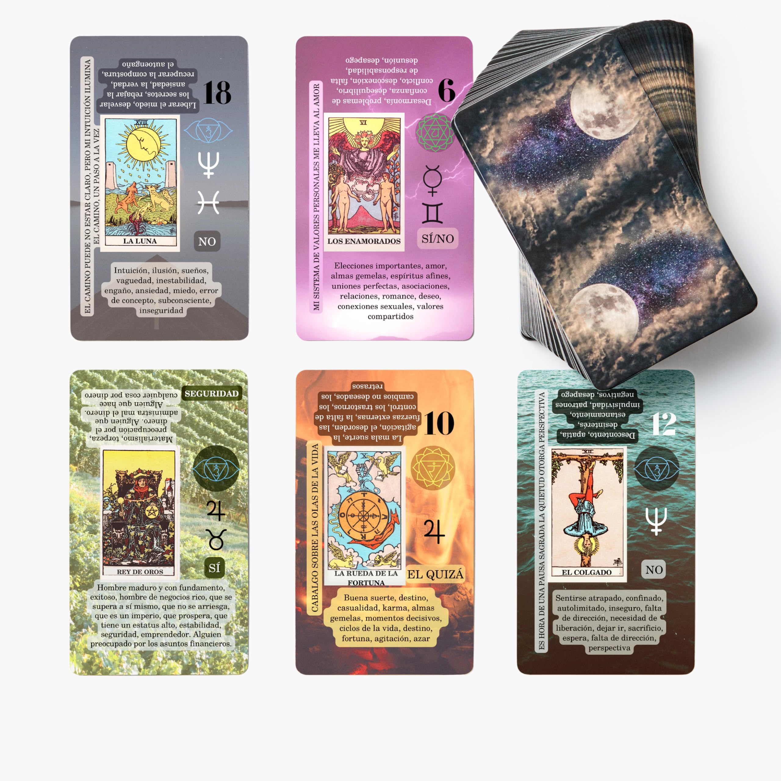 Witchy Cauldron Spanish Learning Tarot Card for Beginners with Meanings on Them - Training Beginner Cards for Tarot Learners Including Chakra, Planet, Zodiac, Element, Yes or No.