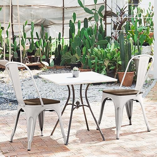 Miniatura 10 de Yaheetech Metal Dining Chairs Set of 4, Industrial Stackable Kitchen Chairs with Wood Top Seat for Dining Room/Restaurant/Bistro/Patio, Indoor &