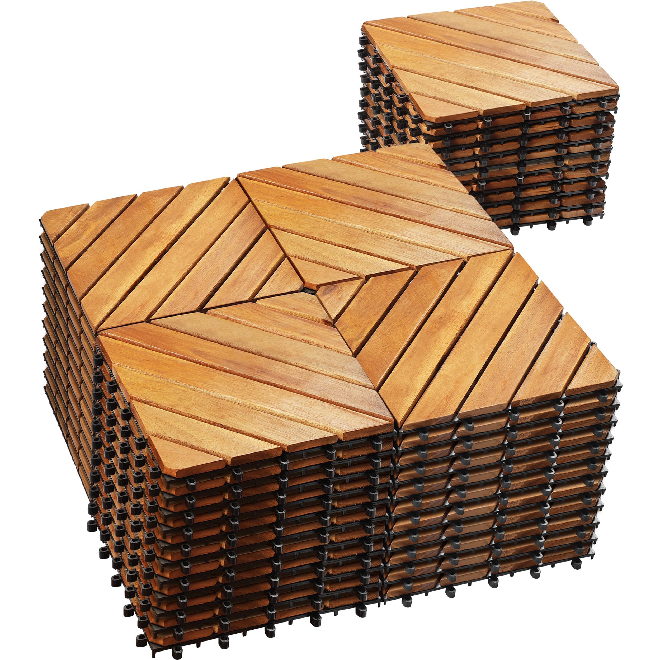 PrimeZone 54 PCS Solid Acacia Wood Interlocking Patio Deck Tiles - 12" x 12" Indoor Outdoor Waterproof Flooring Tiles for Balcony, Backyard, Garden & Poolside, All Weather Use, Natural Wood, Diagonal