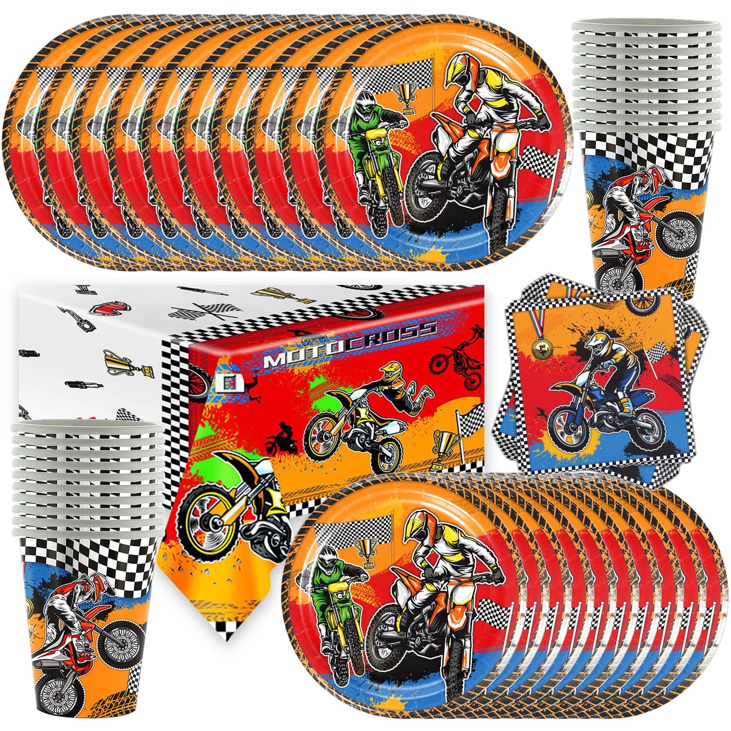 Imbracatura da moto per feste da motociclista, stoviglie per 20 ospiti – Include tovaglia, piatti, tovaglioli, bicchieri, decorazione da tavolo per feste per bambini