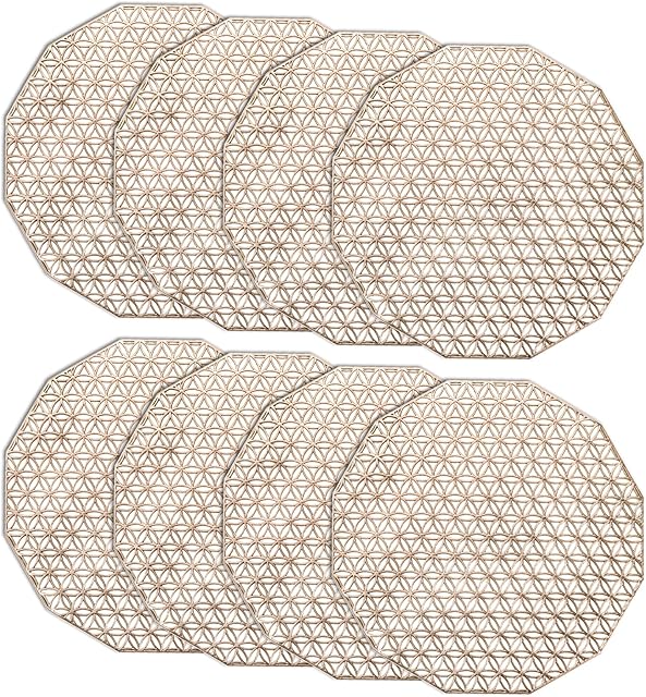 Dicunoy 8 PCS Gold Placemats, 38cm Round Placemats for Dining Table, Octagonal Hollow Out Non-Slip Wedding Accent Centerpiece Table Mats for Kitchen Table, Restaurant, Cafe Decoration