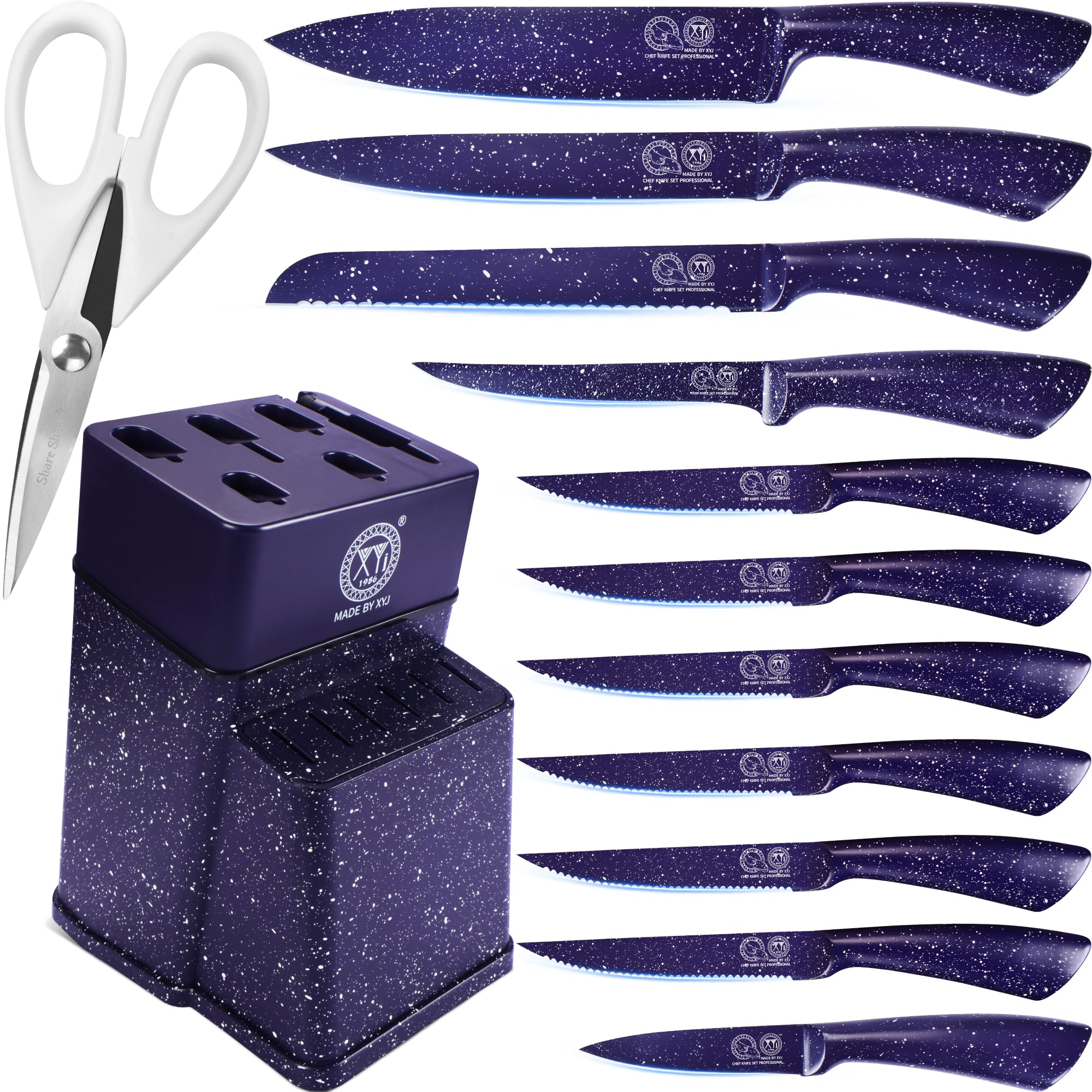 XYJ Authentic Since 1986 - Set di coltelli da cucina, in acciaio inox giapponese, con portacoltelli, forbici, spelucchino, coltello da bistecca, coltello da pane