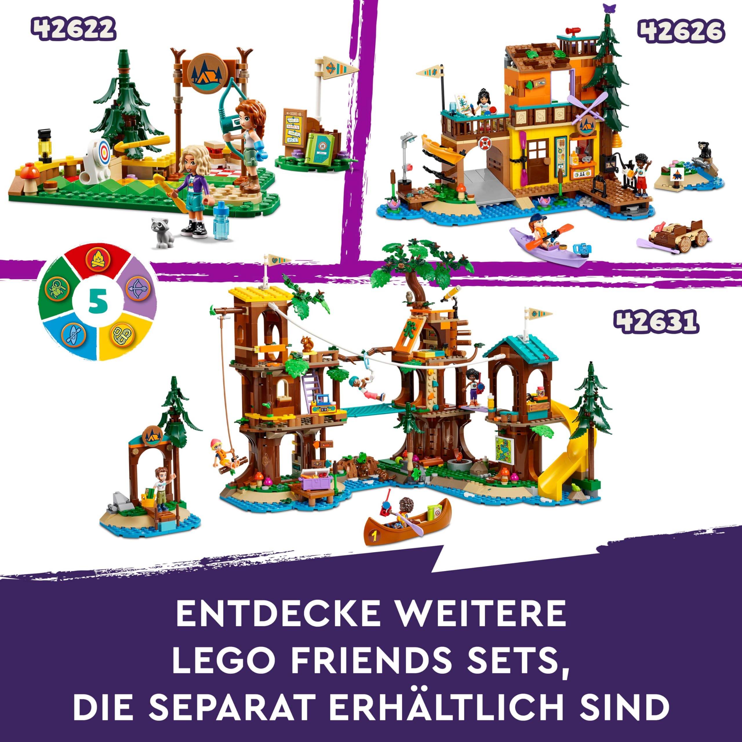 LEGO Friends Gemütliche Hütten im Abenteuercamp, Spielset für Rollenspiele in freier Natur, Kinderspielzeug für Mädchen und Jungen ab 7 Jahren mit 3 Spielfiguren und Fuchs, Camping-Spielzeug 42624