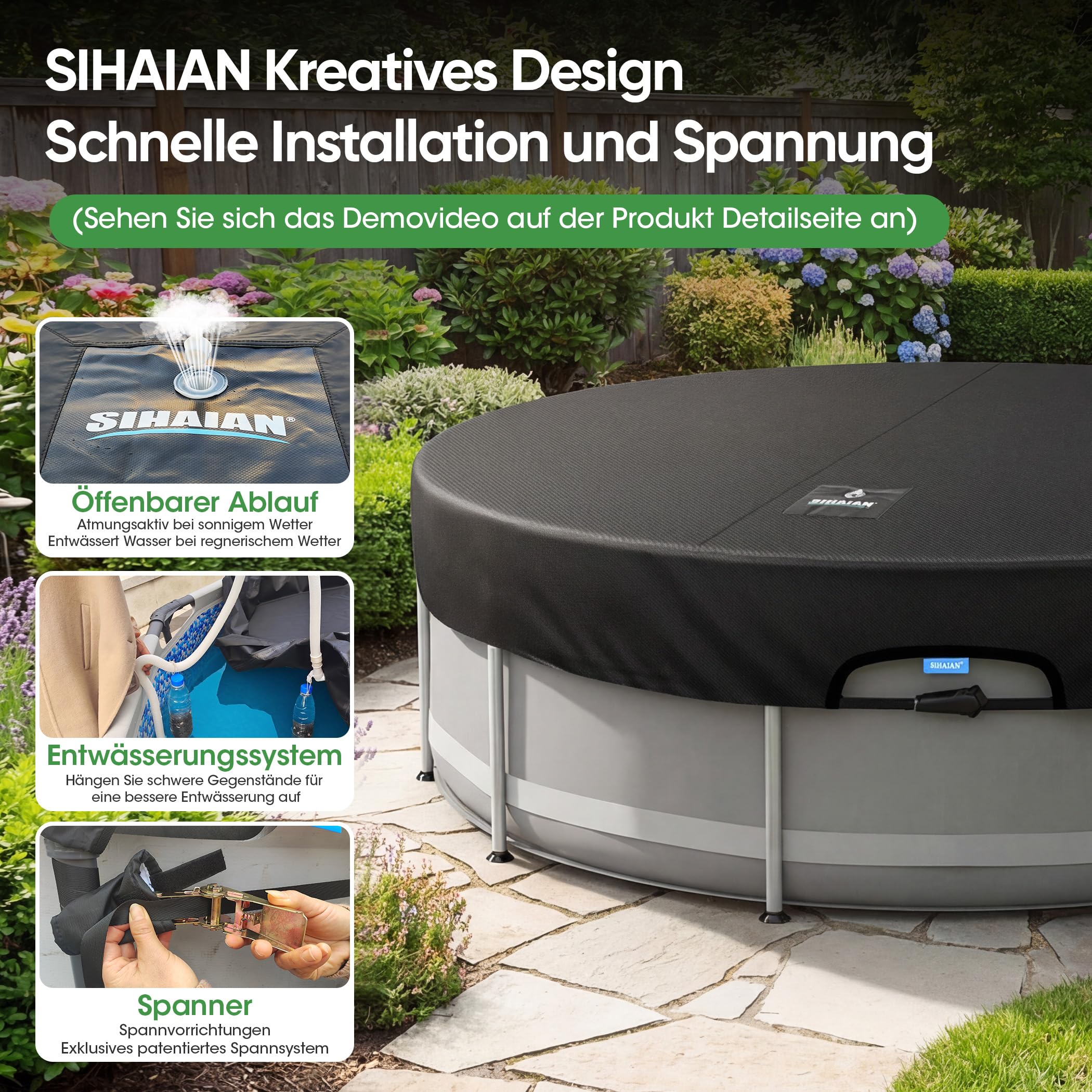 SIHAIAN Rundpoolabdeckung 305cm, Solar Poolabdeckung mit automatischem Abfluss für Aufstellpools, UV-Beständig, patentiertes einteiliges Spannsystem, verhindert Wasseransammlungen