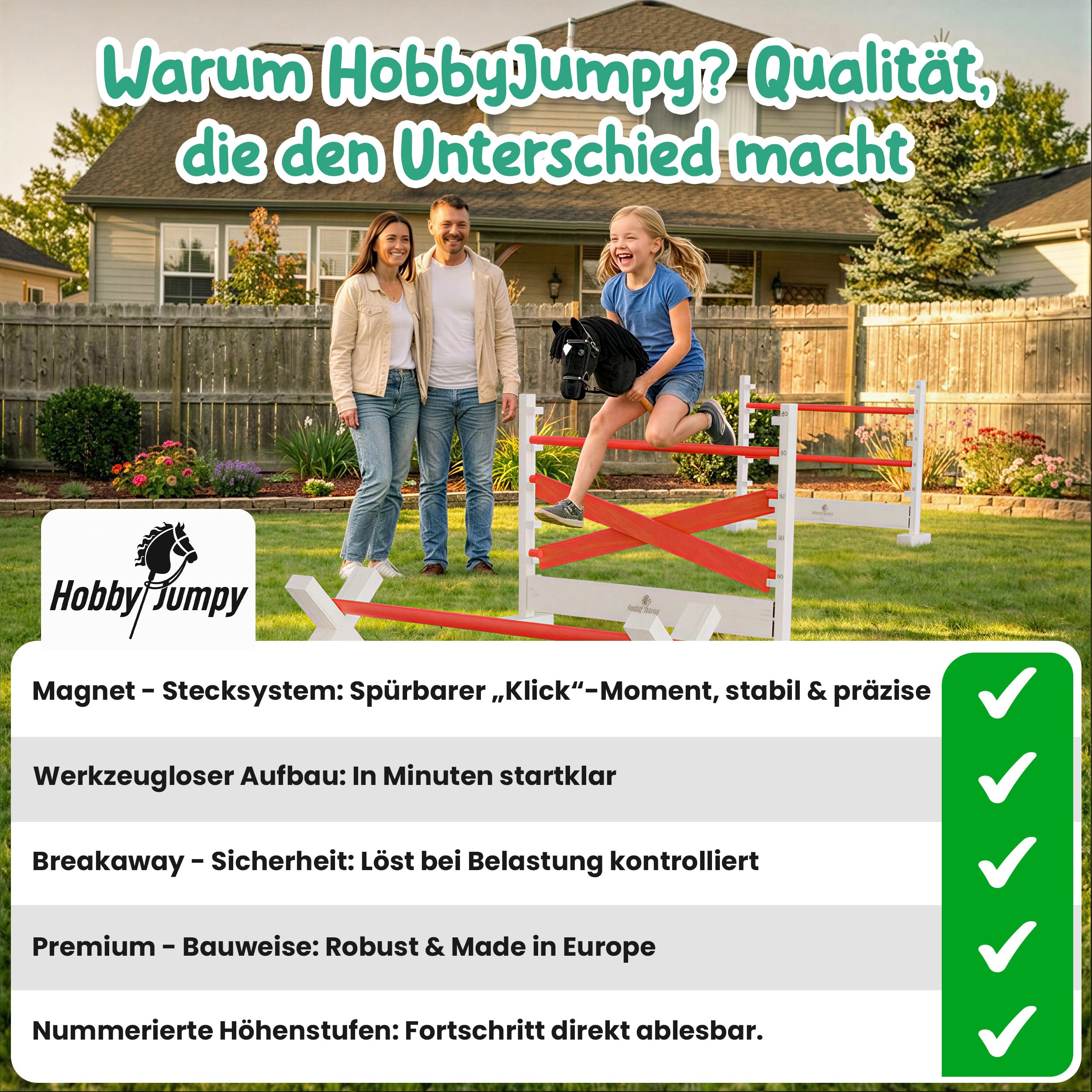 Hobby Horse Hindernisse Set höhenverstellbar – Magnet-Stecksystem massives Holz/Hobby Horsing/Hürden & Cavaletti für Kinder 3er-Set farbig