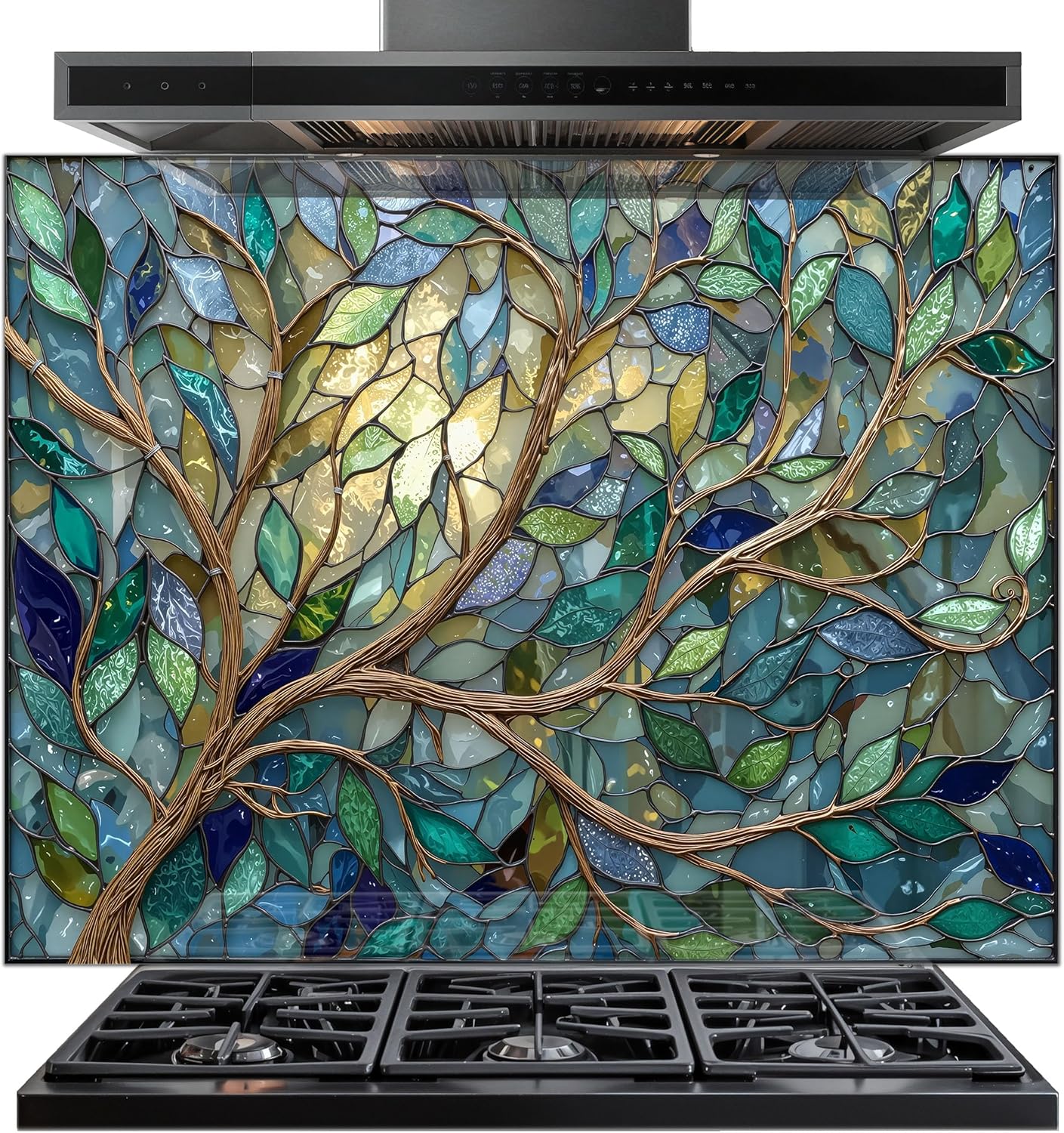 Tempered Glass Backsplash for Kitchen - Easy to Clean Behind Stove Backsplash Protector for Wall - Heat and Scratch Resistant Backsplash for Stove - Branch and Leaves Design