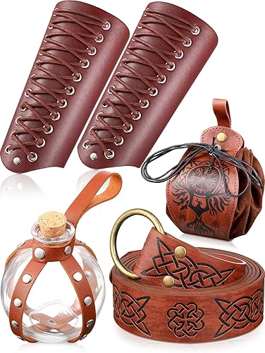 Conjunto medieval de cuero sintético para adultos, protectores de brazo de piel sintética con cordón, bolsa de piel sintética para Halloween,