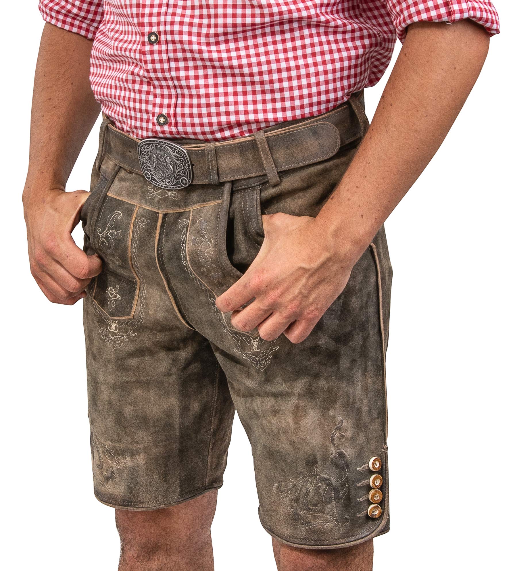 Schöneberger Trachten Couture Herren Lederhose kurz mit Trachtengürtel, traditionelle Vintage Trachtenhose für Oktoberfest aus hochwertigem Wildbockleder, Jakob