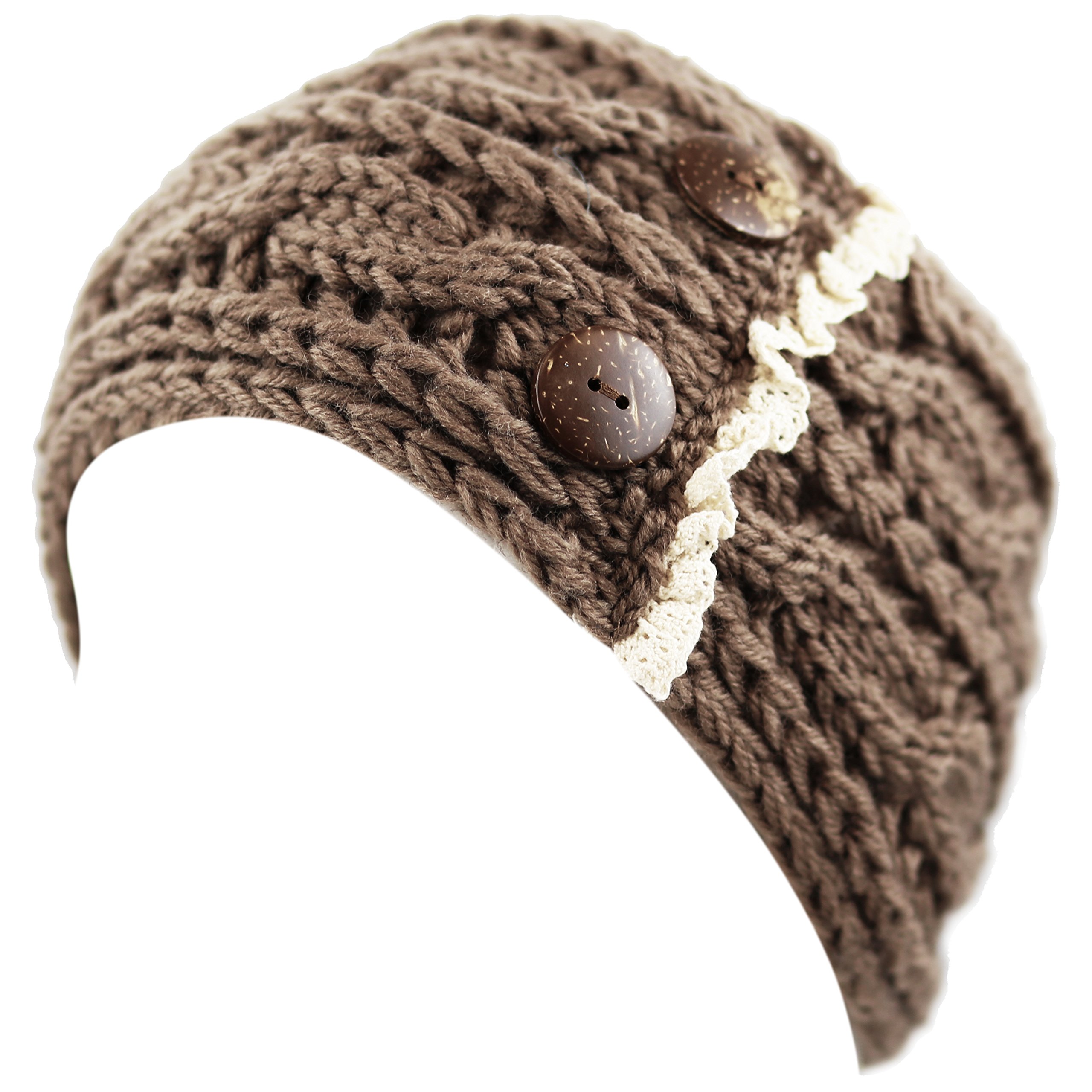 THE HAT DEPOT Women's Hand Made Cable Knit Hand Made Headband With Button Detail (Khaki)