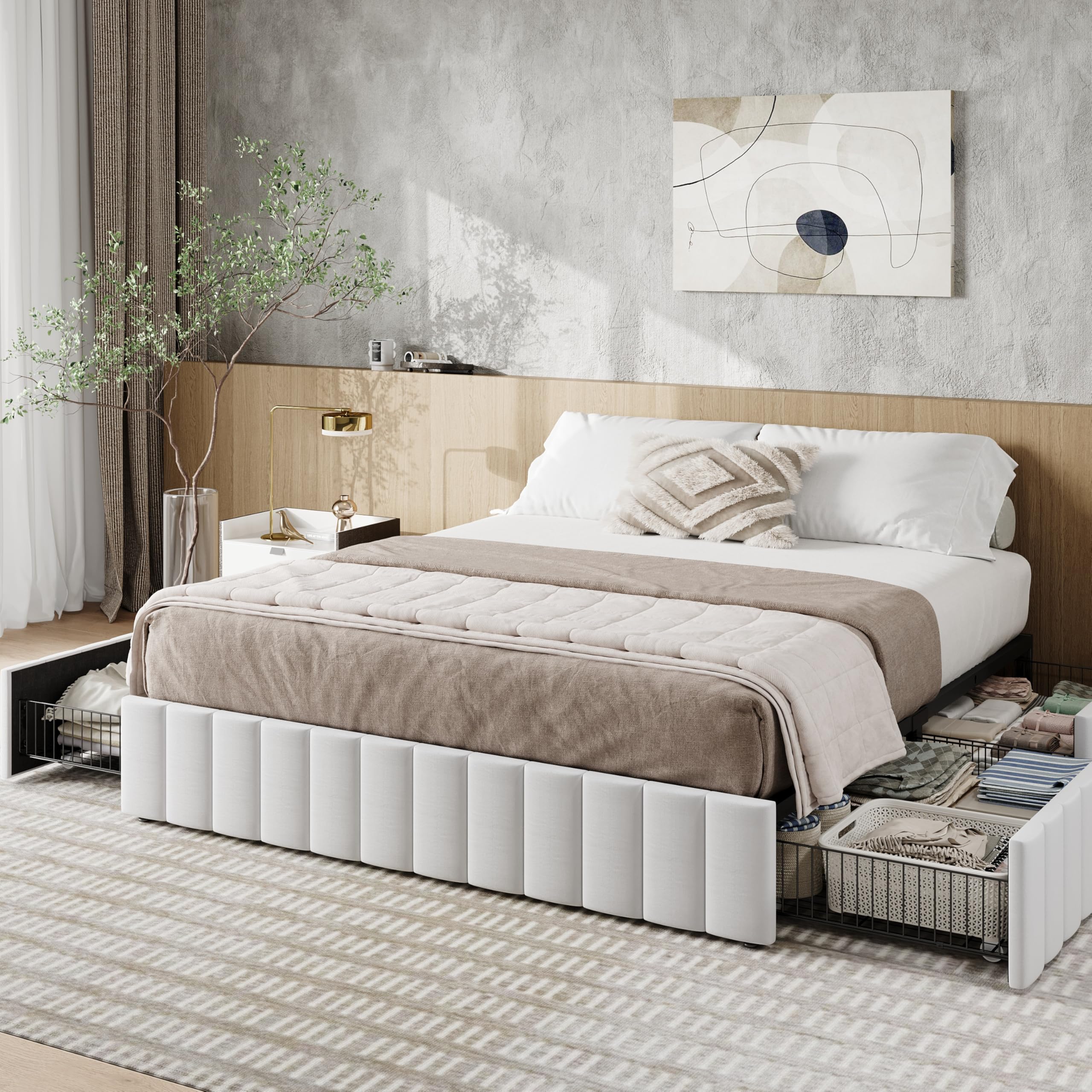 Allewie Full Size Platform Bed Frame with 4 Large Storage Drawers, Velvet Vertical Channel Tufted Upholstered Bed Base, Wooden Slats Support,