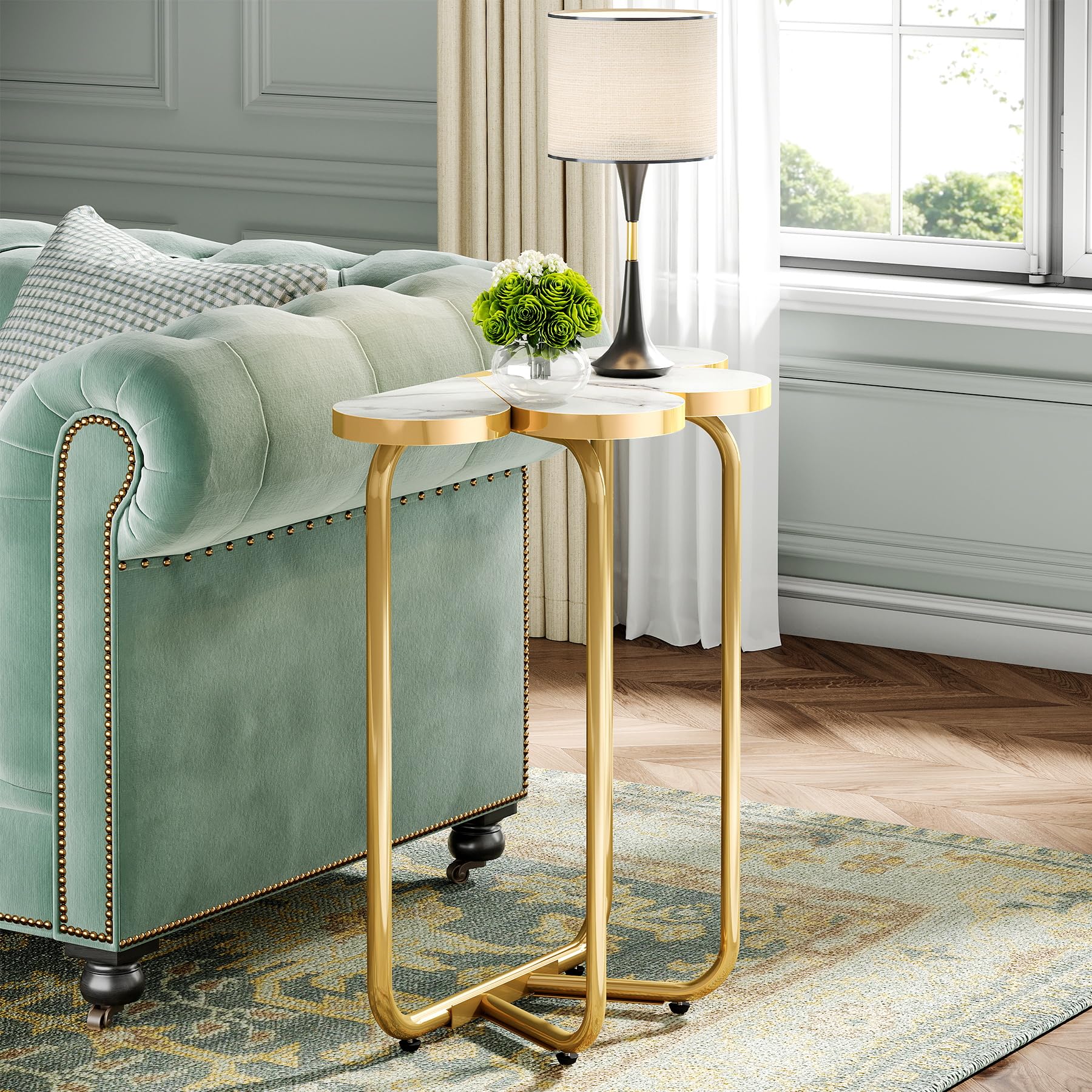 Tribesigns Narrow Side Table, Half-Flower Accent Side Table with Stylish Gold Frame, White and Gold End Tables, 26-Inch Tall Faux Marble Nightstand for Bedroom